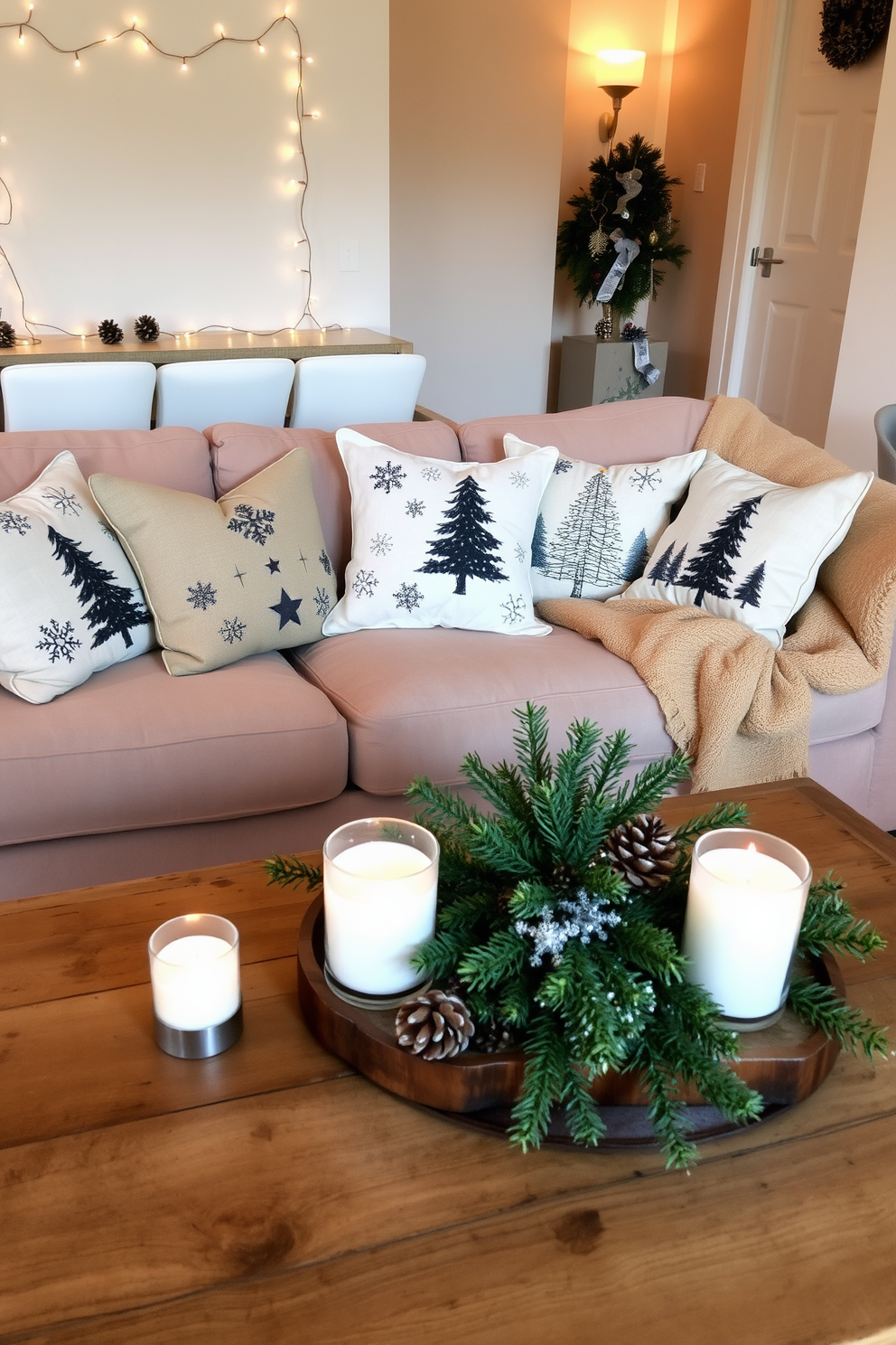 A cozy winter apartment setting featuring a small indoor fireplace that radiates warmth. The fireplace is surrounded by a stylish mantel adorned with seasonal decorations and candles, creating an inviting focal point in the room. The living area is decorated with plush throw blankets and soft cushions in rich, warm tones. Large windows allow natural light to flood the space, highlighting a beautifully arranged seating area perfect for relaxation during the chilly months.