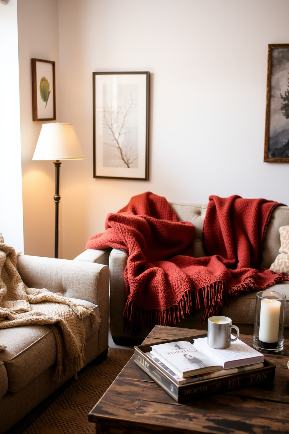 A cozy winter apartment setting featuring warm throws draped over a plush sofa and an armchair. Soft lighting from a nearby floor lamp creates an inviting atmosphere, enhancing the textures of the throws in rich, earthy tones. The walls are adorned with tasteful artwork that complements the seasonal decor. A rustic coffee table holds a stack of books and a fragrant candle, adding to the charm of the space.