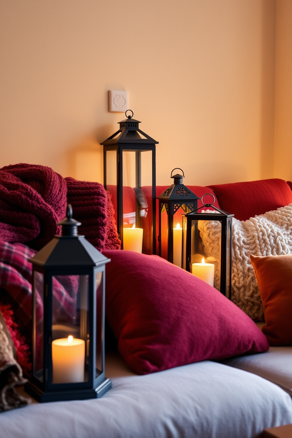 A cozy corner in a winter apartment features a plush armchair upholstered in soft gray fabric. A warm knitted throw is draped over the armrest, and a small side table holds a steaming cup of cocoa and a stack of books. A floor lamp with a warm glow stands nearby, illuminating the space and creating an inviting atmosphere. A large window reveals a snowy landscape outside, while indoor plants add a touch of greenery to the winter decor.