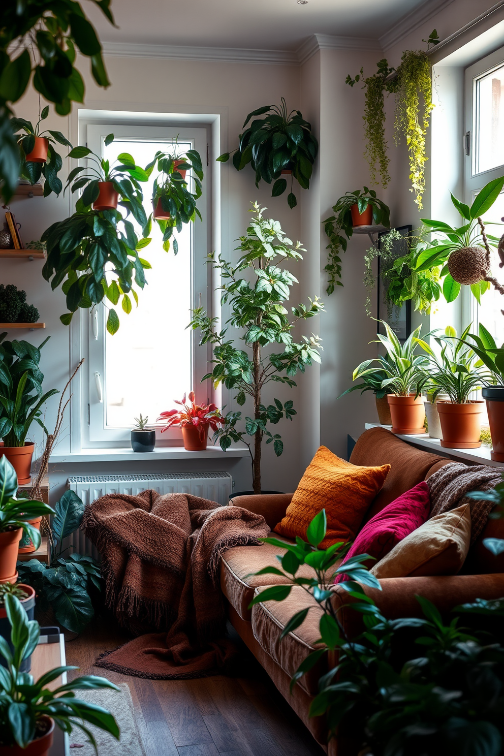 A cozy winter apartment filled with indoor plants that bring life and color to the space. Lush green foliage is placed in various corners, with vibrant pots that complement the winter decor. The living area features a plush sofa adorned with warm blankets and pillows in rich textures. A small indoor tree stands near the window, allowing natural light to filter through its leaves.