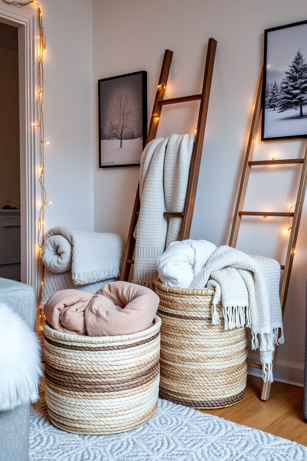 Stylish storage baskets for blankets are placed in a cozy corner of a winter-themed apartment. The baskets are woven in natural fibers, showcasing warm tones that complement the soft, plush throw blankets neatly folded inside. A decorative ladder stands nearby, draped with additional blankets and accented by twinkling fairy lights. The walls are adorned with winter-inspired artwork, creating a warm and inviting atmosphere perfect for the season.