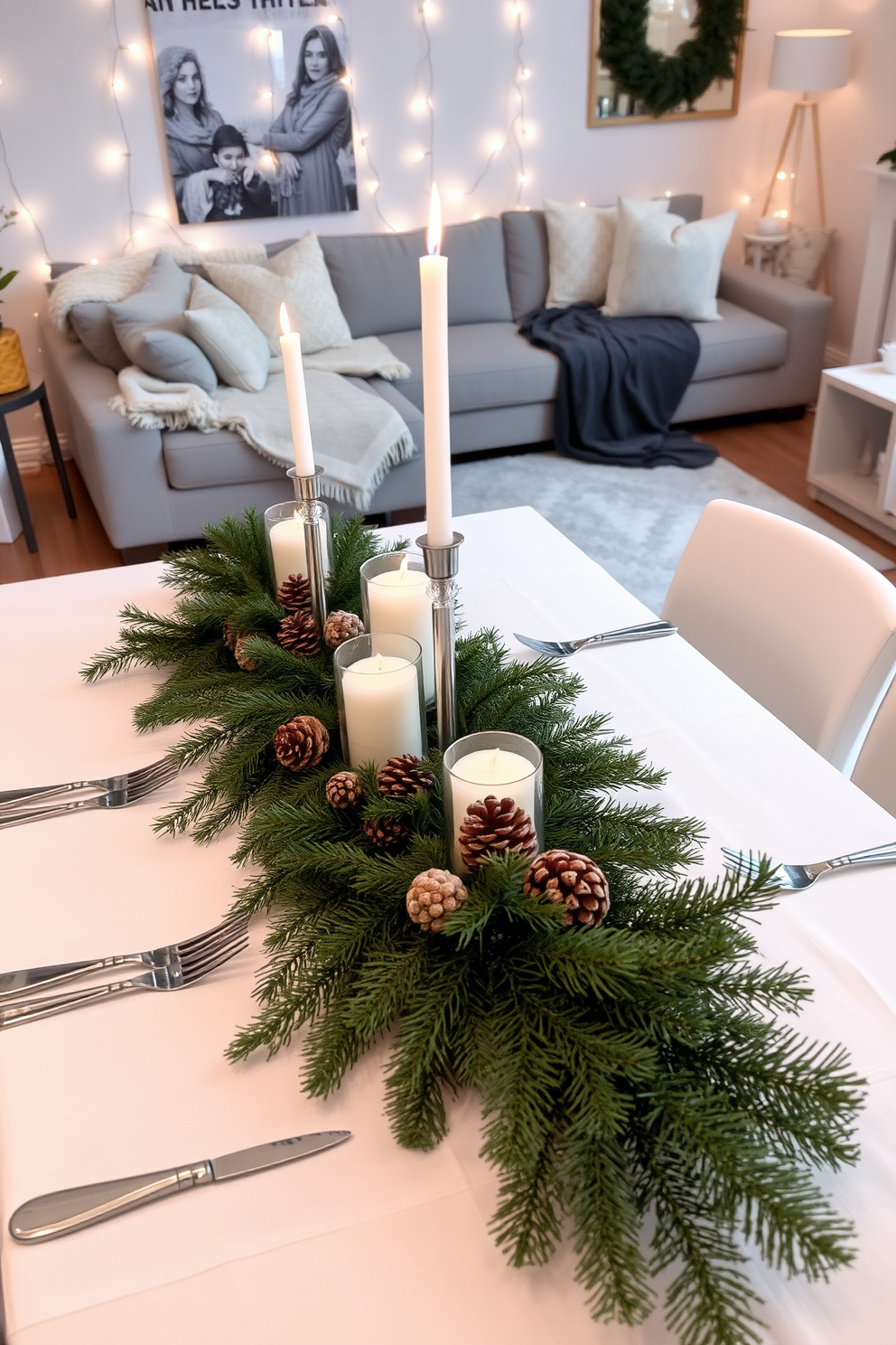 A cozy winter dining tablescape is set in a bright apartment with large windows showcasing a snowy landscape outside. The table is adorned with a soft white tablecloth, and a centerpiece of evergreen branches and pinecones brings a touch of nature indoors. Elegant dinnerware in muted tones is arranged neatly around the table, complemented by sparkling crystal glassware. Flickering candles in varied heights create a warm and inviting atmosphere, while plush, textured place mats add comfort to each setting.