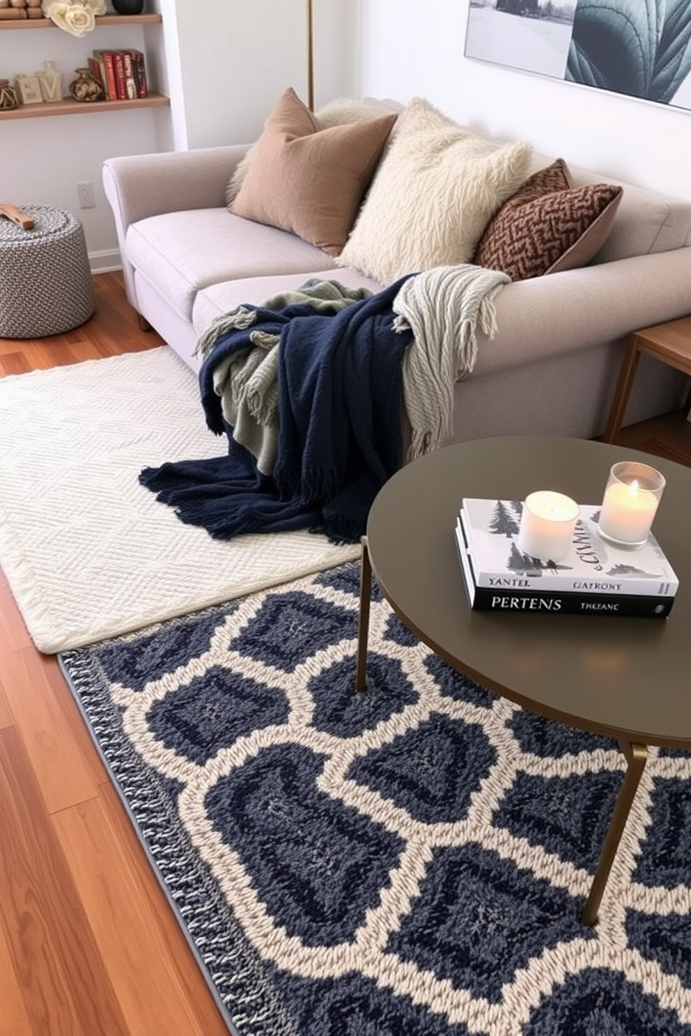 A cozy winter apartment setting featuring layered rugs that add warmth and texture to the space. The first rug is a soft cream color, while the second is a bold geometric pattern in deep blues and grays. The living area is adorned with a plush sofa dressed in warm throws and accent pillows. Nearby, a stylish coffee table holds a stack of winter-themed books and a decorative candle for a touch of ambiance.