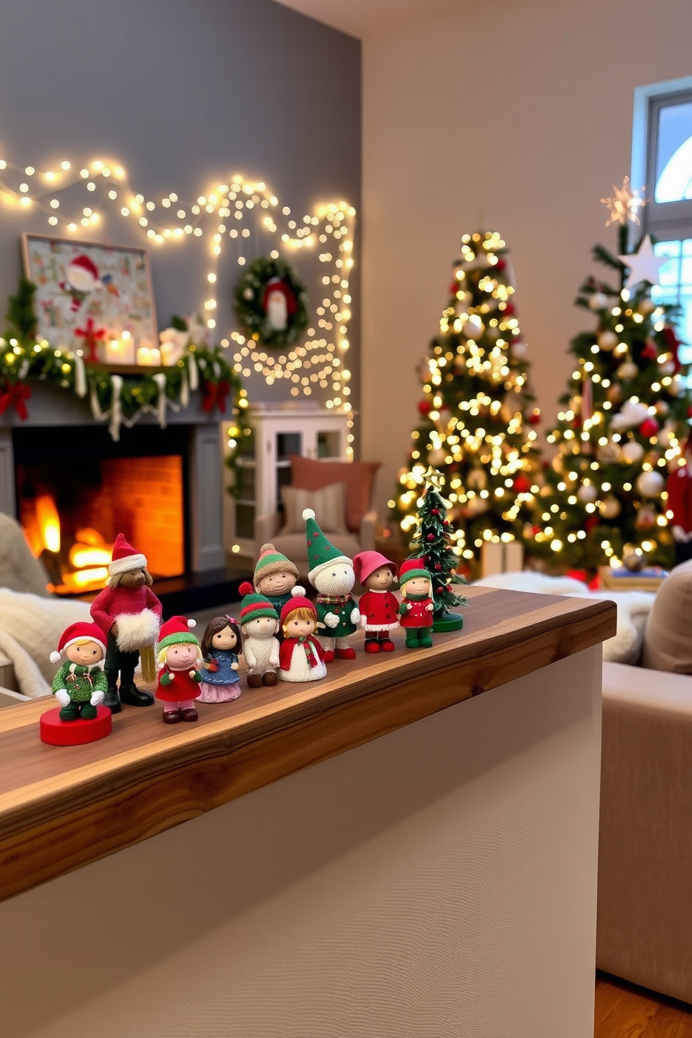 Charming holiday figurines are artfully arranged on a rustic wooden shelf, showcasing a variety of festive characters in vibrant colors. The backdrop features a cozy living room adorned with twinkling fairy lights and a warm, inviting fireplace, creating a perfect winter ambiance. The apartment is decorated with soft, plush throws and seasonal cushions, enhancing the comfort and warmth of the space. A beautifully decorated Christmas tree stands in the corner, adorned with delicate ornaments and topped with a shimmering star, completing the festive atmosphere.