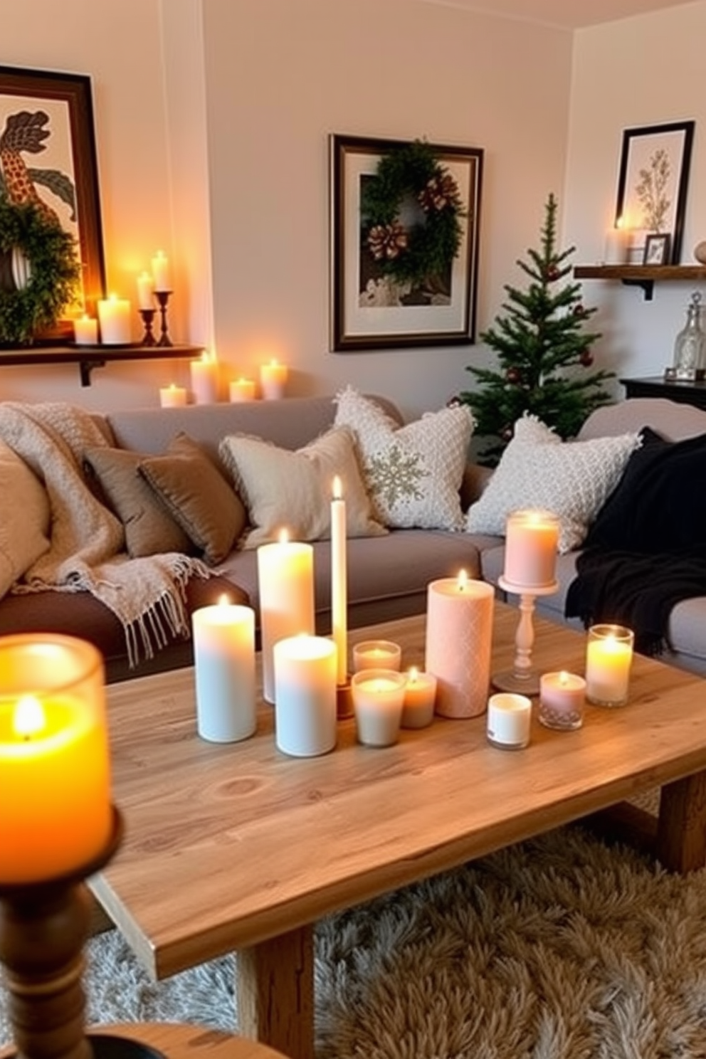 A cozy winter apartment setting adorned with candles of various heights and sizes. The warm glow from the candles creates an inviting atmosphere, complementing the soft textures of throw blankets and pillows scattered across a plush sofa. A wooden coffee table is centered in the living room, showcasing an arrangement of candles in different shapes and colors. The walls are decorated with seasonal artwork, and a small evergreen tree adds a touch of nature to the space.