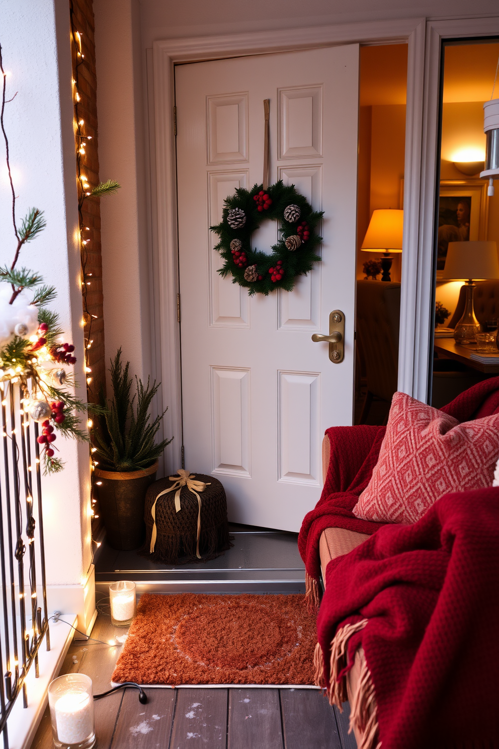 A beautiful seasonal wreath adorned with pinecones and red berries is hung on the front door, creating a warm and inviting entrance. The surrounding area is decorated with twinkling fairy lights and a cozy doormat, enhancing the winter charm of the apartment. Inside the apartment, plush throw blankets in rich colors are draped over the furniture, adding warmth and comfort. Soft, ambient lighting from stylish lamps creates a cozy atmosphere, perfect for relaxing during the winter months.