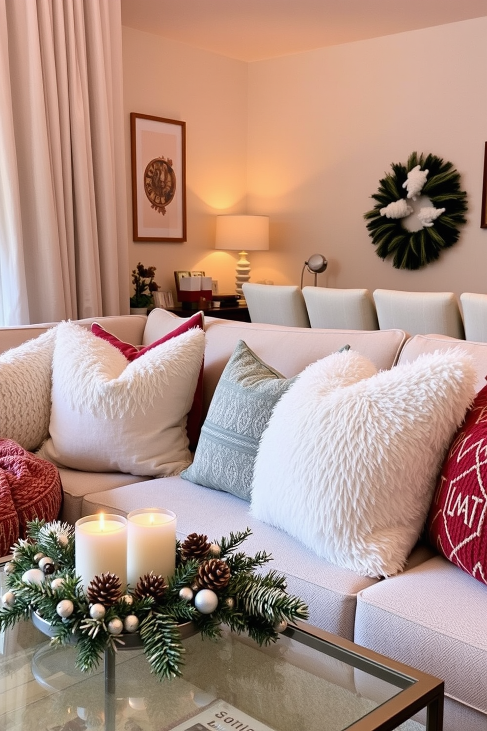 A winter apartment setting featuring soft, warm string lights draped across the ceiling to create a cozy atmosphere. The space is adorned with plush blankets and pillows in rich, deep colors, enhancing the inviting feel of the room.