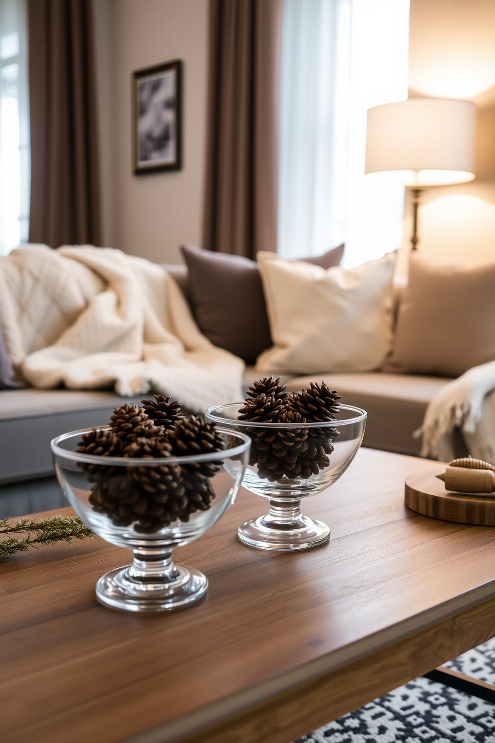 A cozy winter apartment setting featuring decorative pinecones arranged in elegant glass bowls placed on a wooden coffee table. Soft, warm lighting illuminates the space, enhancing the inviting atmosphere with plush throw blankets draped over a stylish sofa.