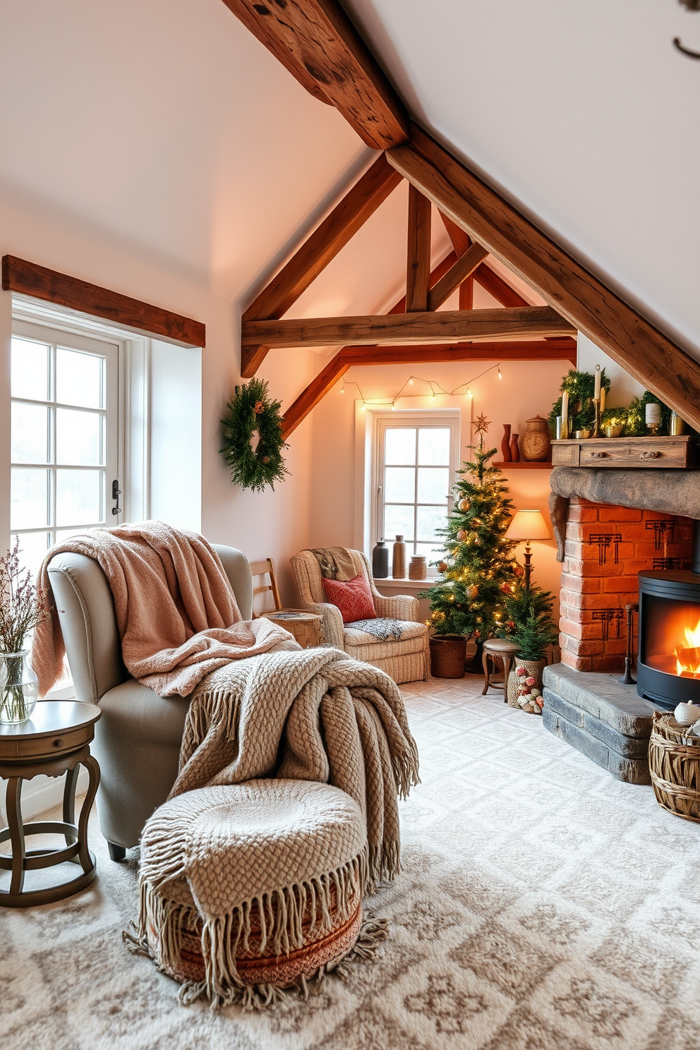 A warm and inviting attic space filled with soft cozy throw blankets draped over a plush armchair and a rustic wooden bench. The walls are adorned with vintage winter-themed artwork, and a small side table holds a steaming cup of cocoa beside a flickering candle. The floor is covered in a thick woven rug that adds texture and warmth to the room. Natural light filters through a small window, illuminating the scene and highlighting the rich colors of the blankets and decor.