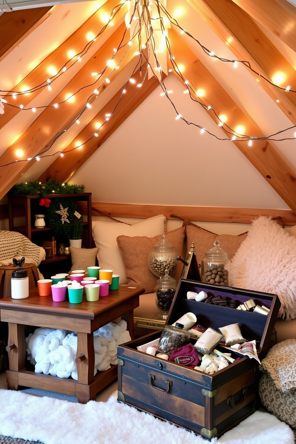 A cozy hot cocoa station is set up in a corner with a rustic wooden table. On the table, there are several colorful mugs, a variety of marshmallows, and a selection of chocolate treats displayed in elegant jars. The winter attic is beautifully decorated with twinkling fairy lights draped across the ceiling beams. Plush blankets and oversized pillows create a warm and inviting seating area, complemented by a vintage trunk filled with seasonal decorations.