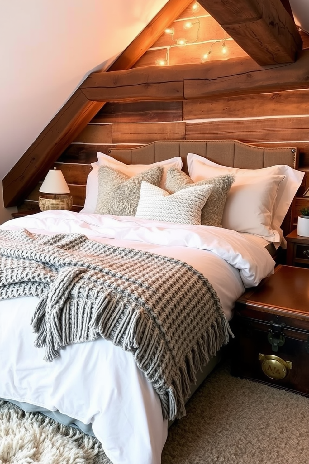 Layered bedding featuring plush blankets and decorative pillows creates a cozy and inviting atmosphere. The color palette includes soft whites and warm grays, complemented by a chunky knit throw draped across the foot of the bed. For winter attic decorating ideas, consider using rustic wooden beams and soft ambient lighting to enhance the space. Incorporate elements like a vintage trunk for storage and a plush area rug to add warmth and comfort.