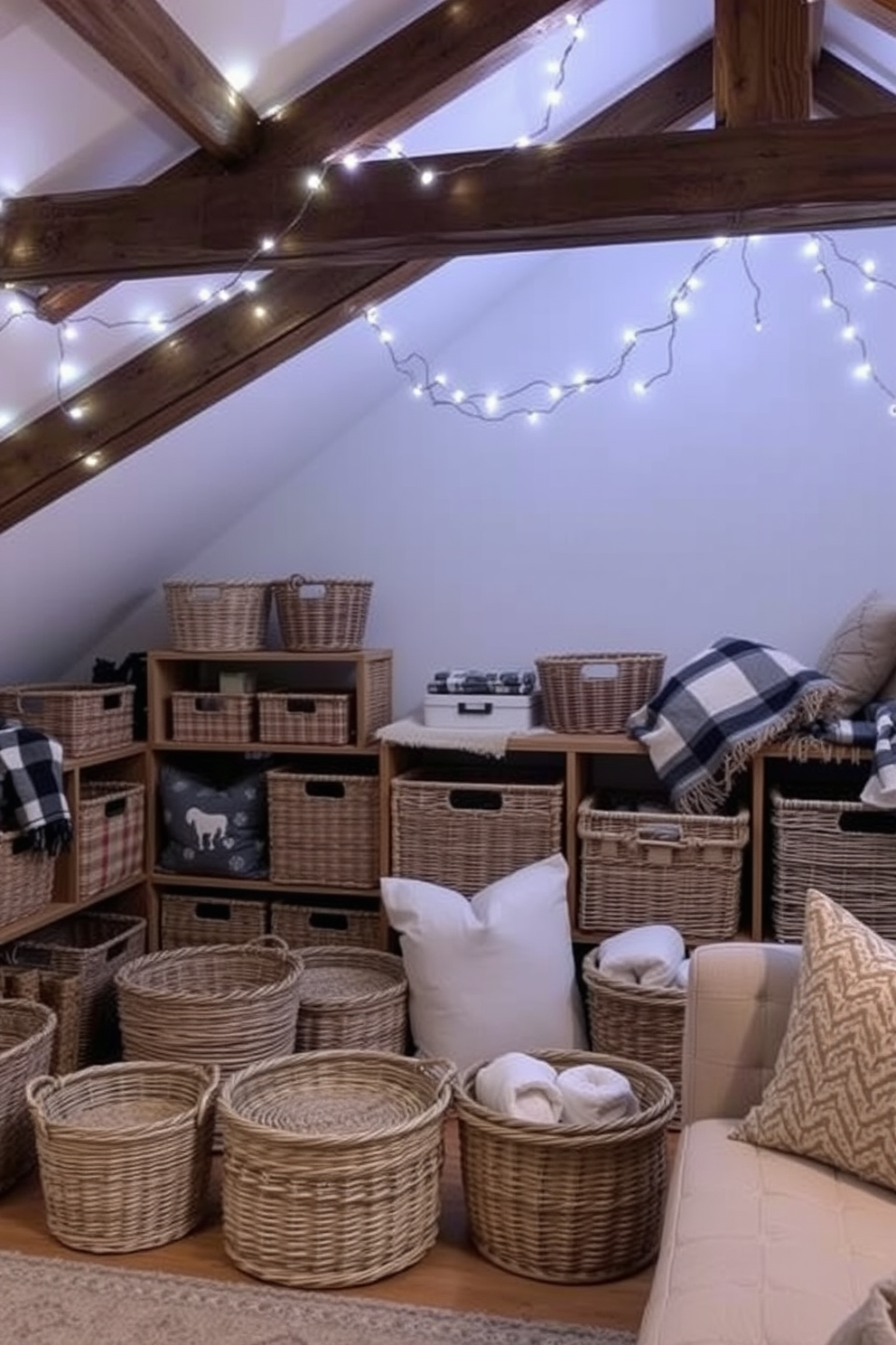 Decorative baskets for storage solutions. The room features a variety of woven baskets in different sizes, arranged neatly on shelves and under furniture. Winter attic decorating ideas. The attic is adorned with cozy textiles like plaid blankets and soft pillows, complemented by twinkling fairy lights draped across the exposed beams.