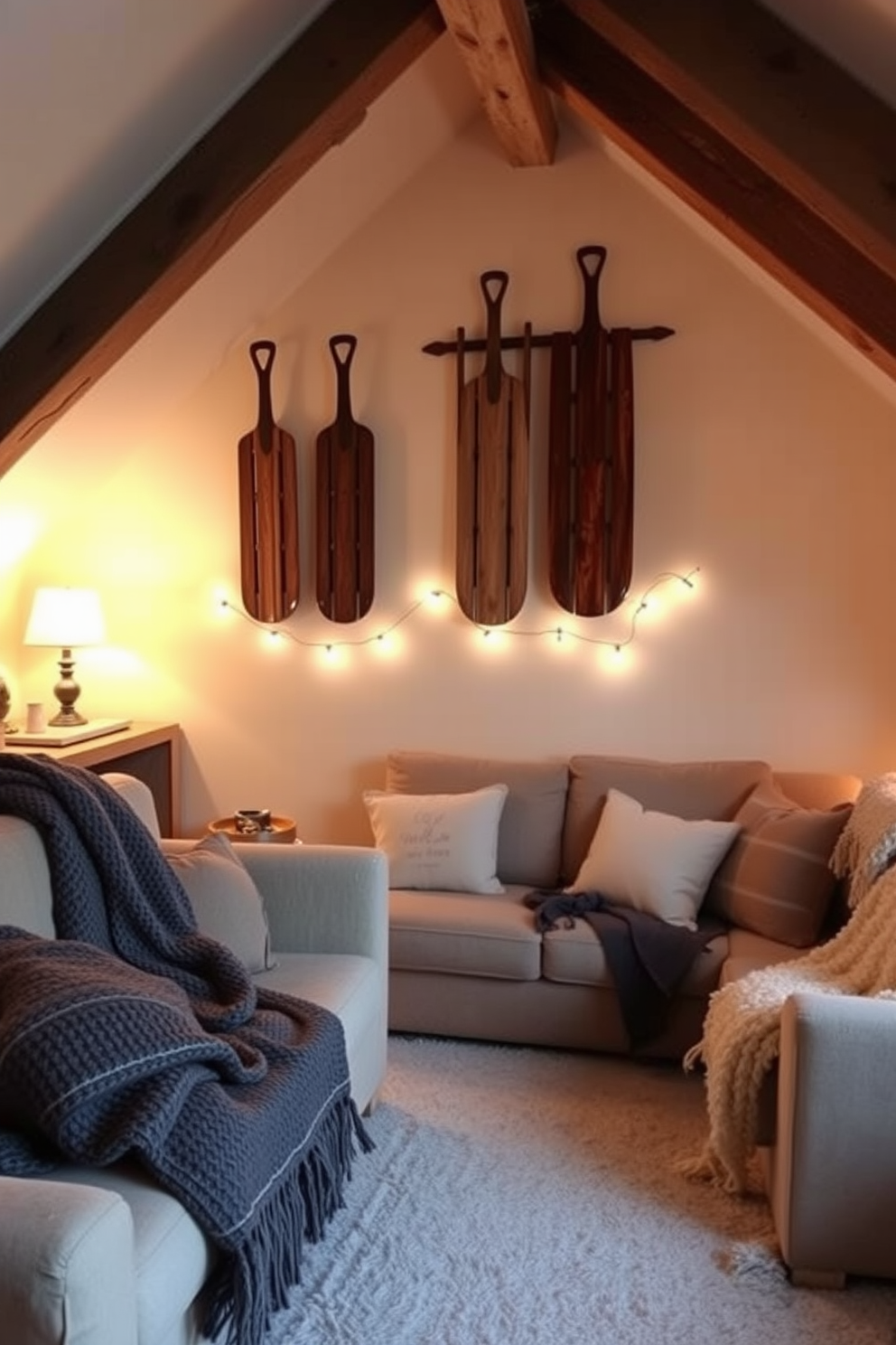 A cozy winter attic space featuring vintage sleds as unique wall decor. The sleds are arranged in an artistic display, complemented by soft, warm lighting that enhances the rustic charm of the room. The walls are painted in a soft cream color, creating a warm backdrop for the sleds. Plush seating with knitted throws invites relaxation, while wooden beams add character to the attic's design.