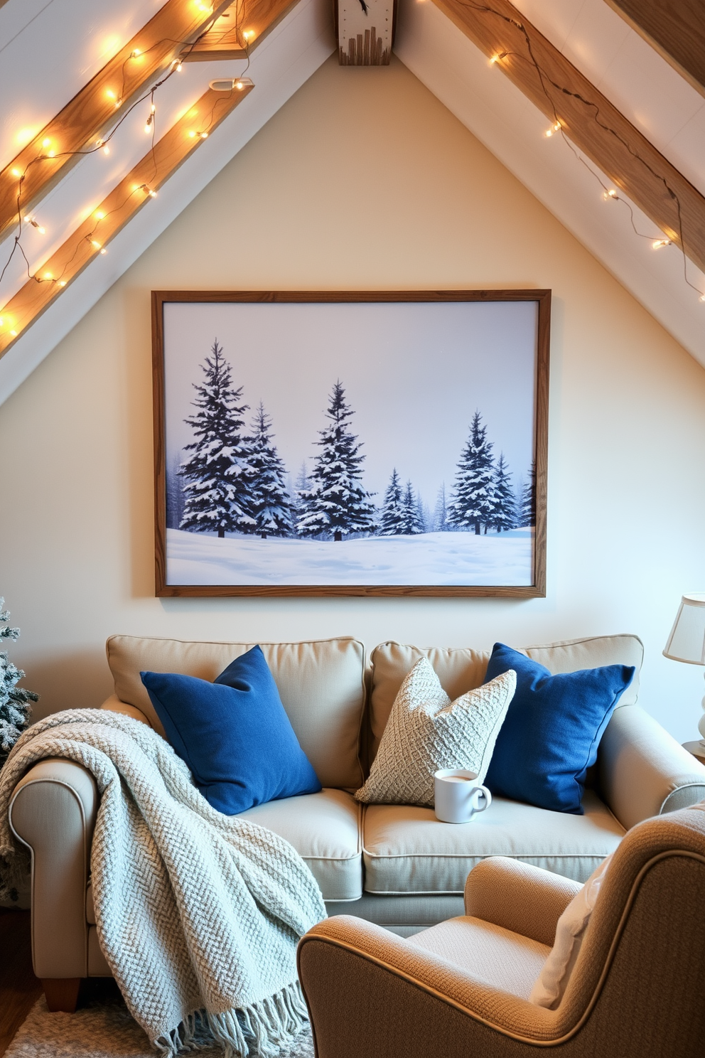 A cozy winter-themed artwork display featuring a large canvas depicting a snowy landscape with pine trees and a gentle snowfall. The artwork is framed in a rustic wood frame and is hung above a plush, neutral-toned sofa adorned with soft throw pillows in shades of blue and white. An inviting winter attic space decorated with warm fairy lights strung along the beams of the ceiling. The room includes a comfortable reading nook with a large armchair, a knitted throw blanket, and a small side table holding a steaming mug of cocoa.