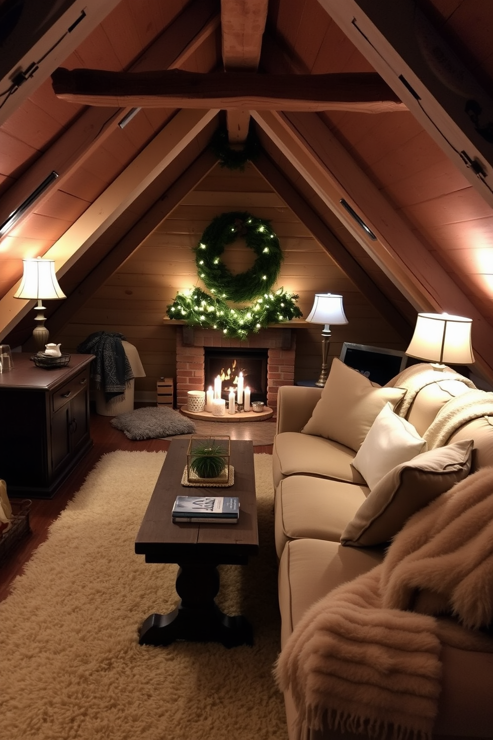 A cozy winter attic setting filled with framed family photos in winter-themed frames. The walls are adorned with soft white wood paneling, and a plush area rug lies on the wooden floor, creating a warm and inviting atmosphere. Decorative elements include a vintage trunk for storage and a small reading nook with a comfortable chair and a knitted throw. Twinkling fairy lights are strung along the beams, adding a touch of warmth and charm to the space.