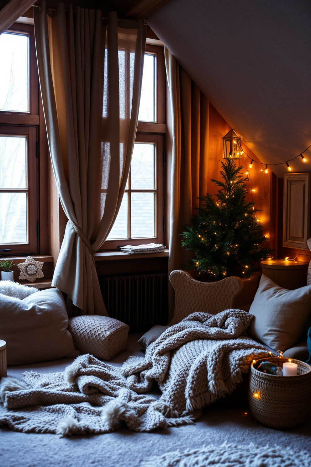 A cozy winter attic filled with whimsical snowflake garlands hanging from the ceiling. Soft, warm lighting illuminates the space, creating a magical atmosphere that invites relaxation and creativity.