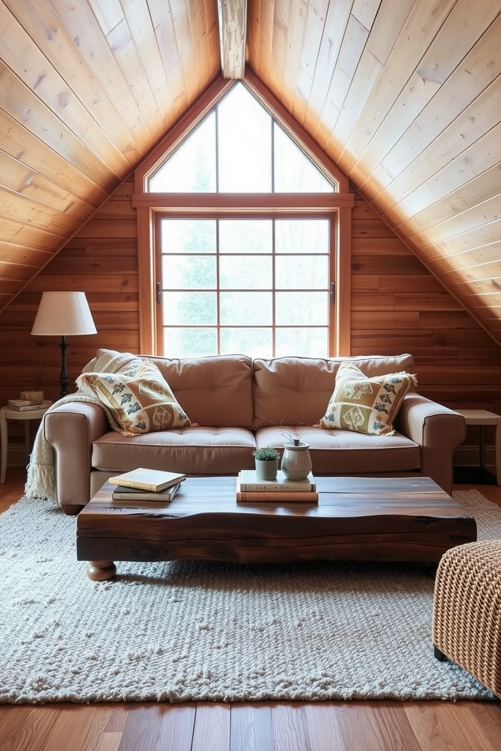 A cozy winter attic setting featuring earthy tones for a calming palette. The walls are adorned with wooden paneling, and the floor is covered with a soft, textured rug. A plush sofa in warm beige is positioned near a large window, allowing natural light to flood the space. A rustic coffee table made of reclaimed wood sits in front of the sofa, topped with a few decorative books and a small potted plant.