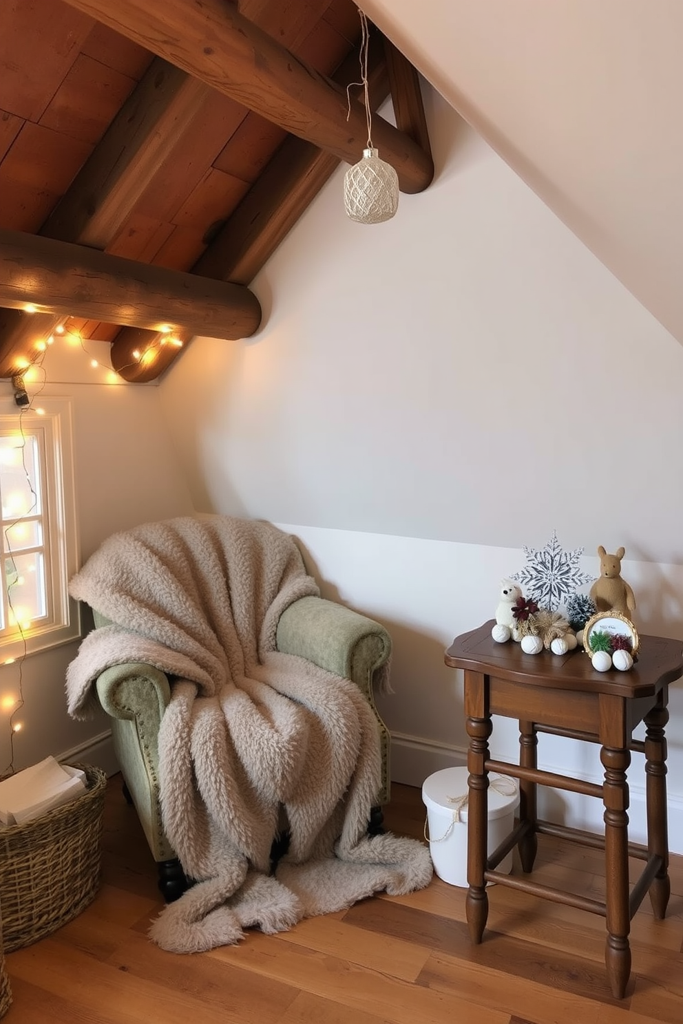 A cozy winter attic setting adorned with handmade ornaments. The space features a rustic wooden beam ceiling and warm fairy lights strung across the room. There are plush blankets draped over a vintage armchair, creating an inviting reading nook. A small wooden table holds a collection of handmade ornaments, adding a personal touch to the decor.