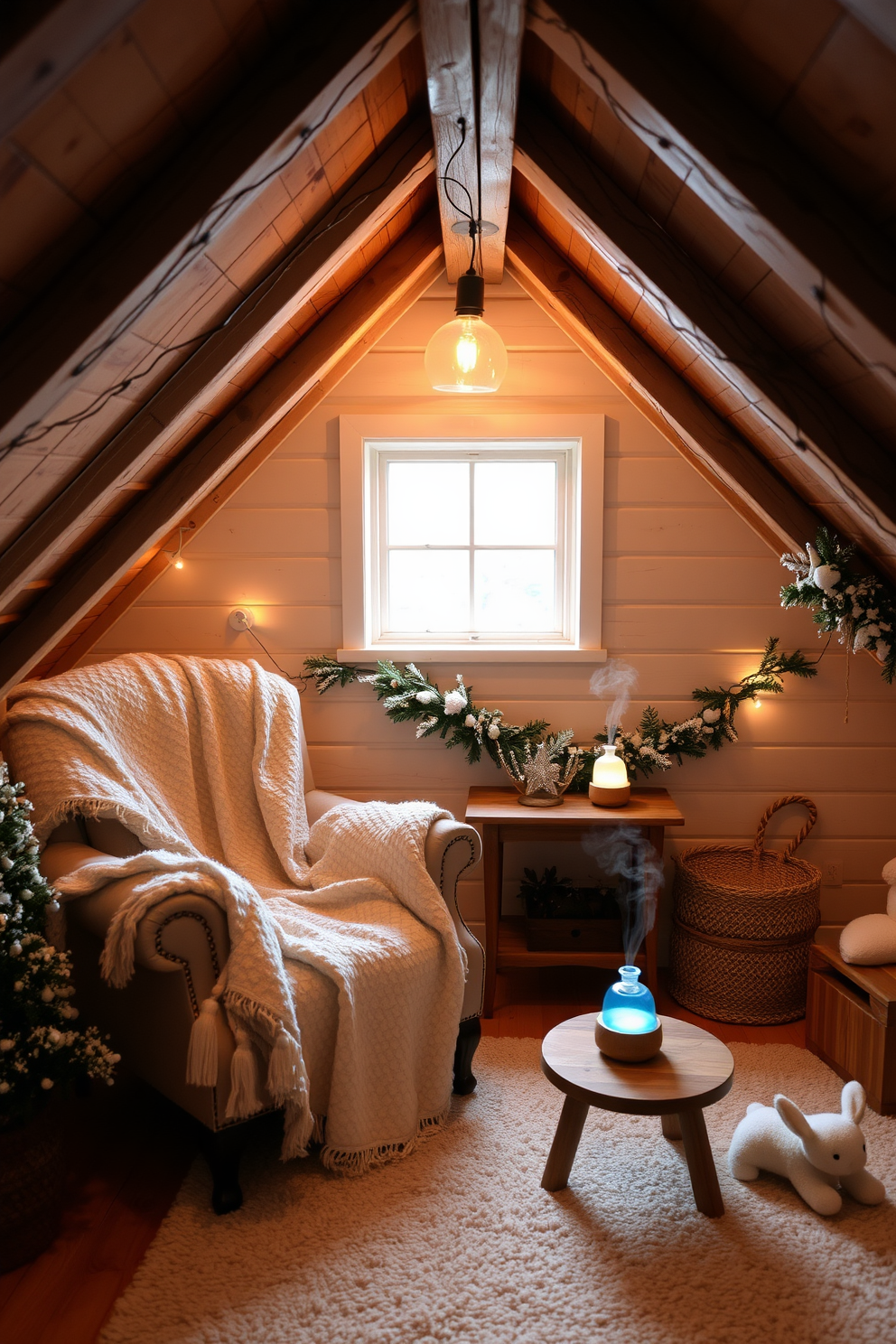 A cozy winter attic space filled with seasonal scents from essential oil diffusers. The room features a rustic wooden beam ceiling and soft, warm lighting that creates an inviting atmosphere. Decorative elements include plush blankets draped over a vintage armchair and a small wooden table with a diffuser emitting a calming fragrance. Snowy white accents and evergreen garlands add a festive touch to the tranquil setting.