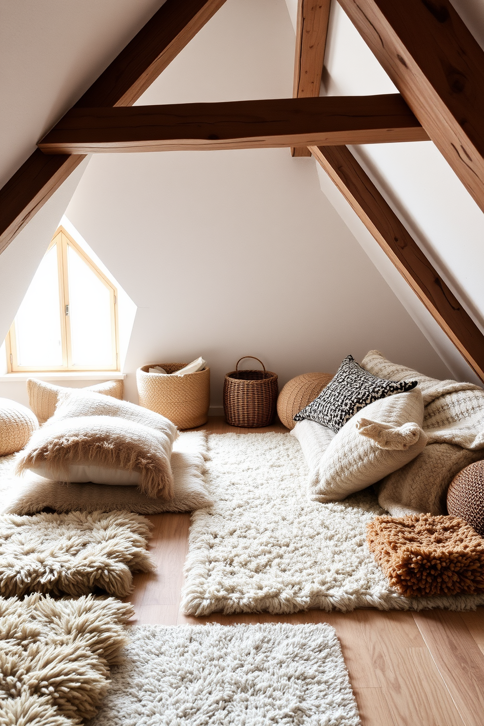 A cozy winter attic space filled with warm layered rugs that invite comfort. Soft textures and neutral tones create a serene atmosphere, with natural light streaming in through the slanted windows. The walls are adorned with rustic wooden beams, enhancing the charm of the attic. A plush seating area features oversized cushions, perfect for curling up with a book on chilly days.