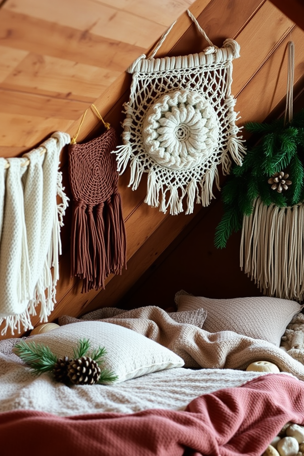 A cozy winter scene featuring a front door adorned with a lush seasonal wreath made of pine branches, berries, and pinecones. The wreath is complemented by a rustic burlap bow, adding warmth to the entrance. Inside the attic, create a charming retreat with soft, warm lighting illuminating a seating area filled with plush blankets and pillows. Decorate the walls with vintage sleds and holiday garlands, enhancing the winter ambiance.