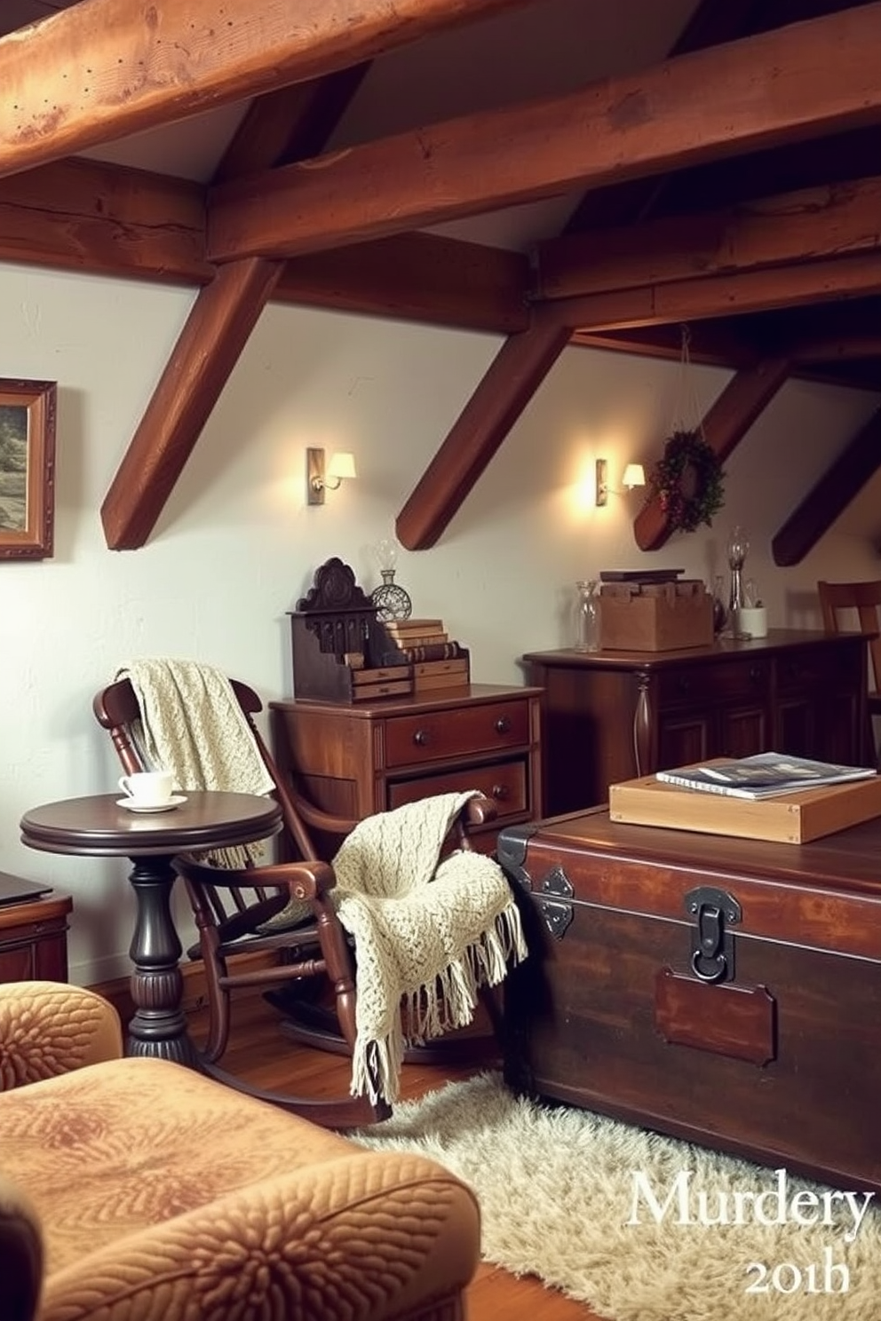 A cozy winter attic space featuring comfortable seating adorned with warm fabrics in rich earth tones. The seating area is surrounded by wooden beams and soft ambient lighting, creating an inviting atmosphere perfect for relaxation.