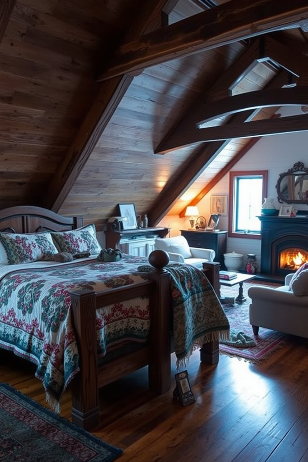 A cozy winter attic retreat featuring beautifully patterned quilts draped over a rustic wooden bed. Soft, ambient lighting illuminates the space, highlighting the textures of the quilts and the exposed wooden beams. A charming winter attic decorated with a mix of vintage and contemporary furnishings. Plush seating areas are arranged around a warm fireplace, creating an inviting atmosphere perfect for relaxation.