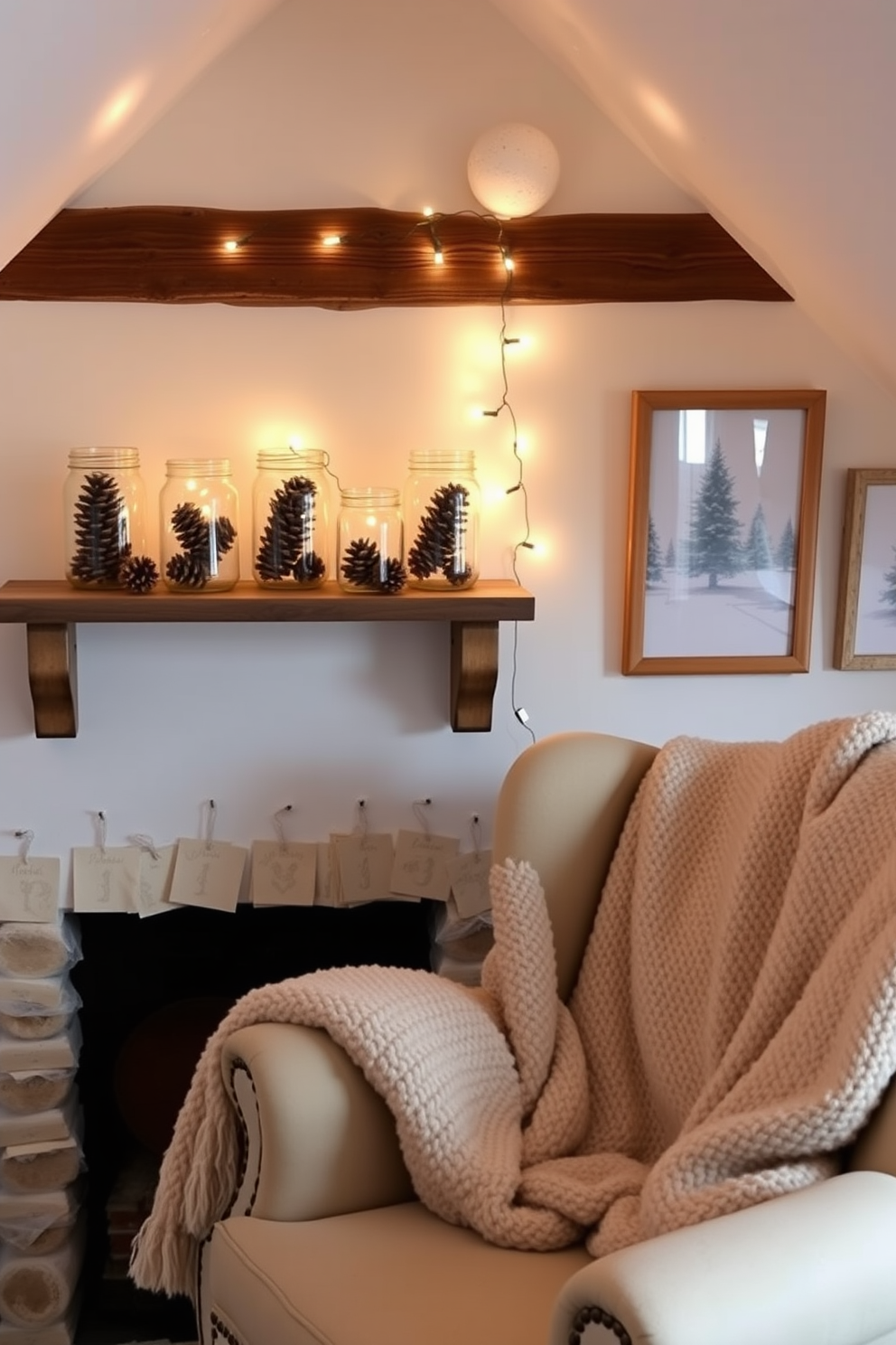 Mason jars filled with pinecones are arranged on a rustic wooden shelf. Soft fairy lights twinkle above, casting a warm glow over the cozy winter attic space. Plush blankets in neutral tones are draped over a vintage armchair, inviting relaxation. The walls are adorned with framed winter-themed artwork, enhancing the seasonal charm of the attic.