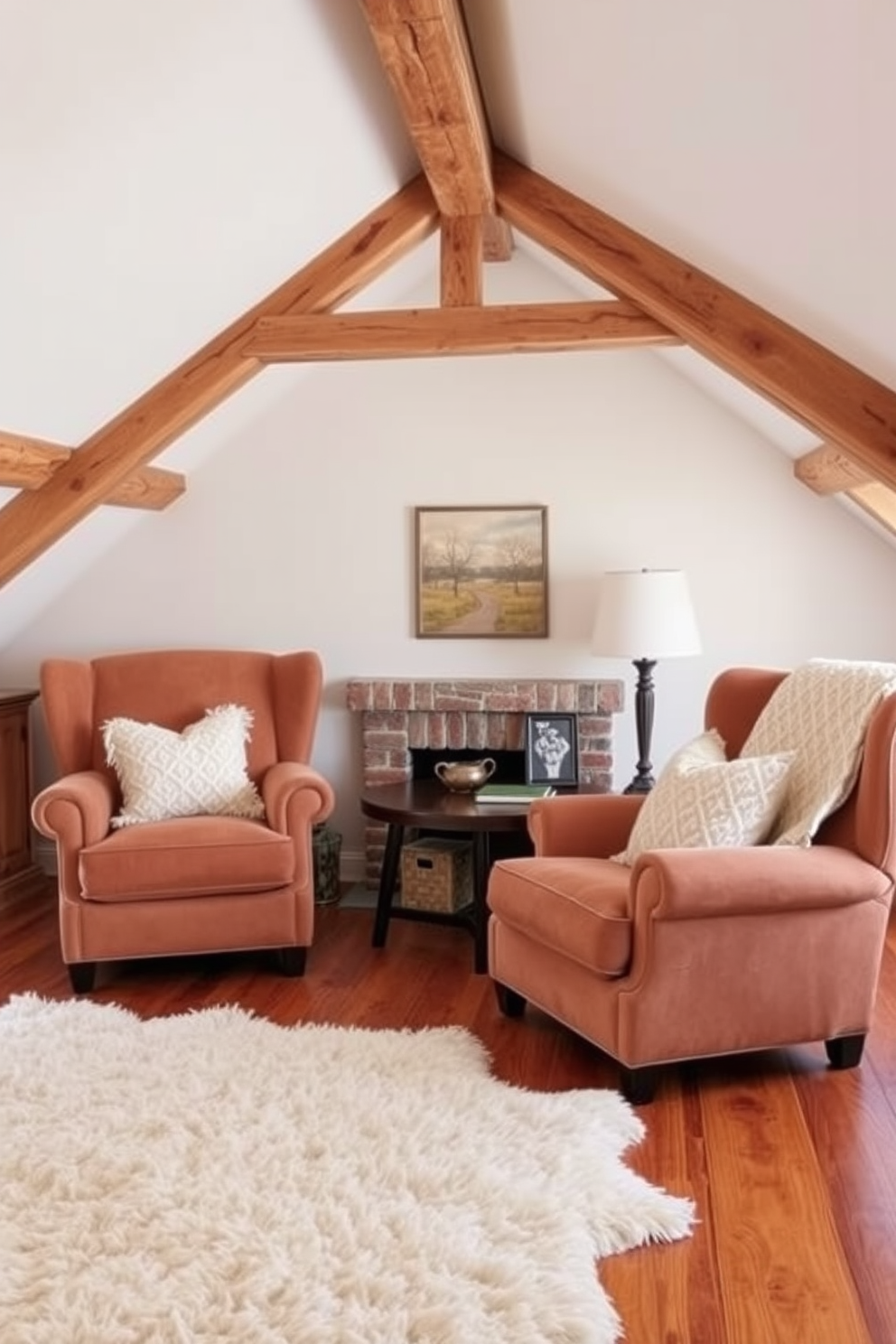 A cozy winter attic space featuring oversized chairs upholstered in soft, warm fabrics. The walls are adorned with rustic wooden beams, and a plush area rug lies on the hardwood floor, creating an inviting atmosphere.