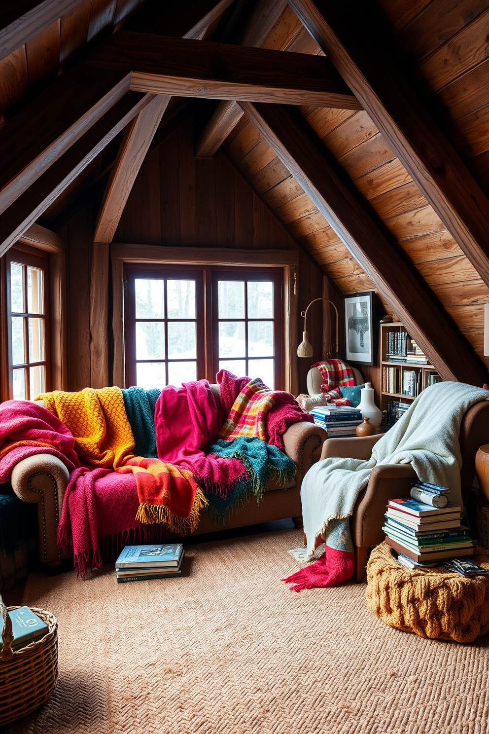 A cozy winter attic space filled with colorful throws draped over a plush sofa. The walls are adorned with rustic wooden beams, and large windows let in natural light, enhancing the vibrant hues of the throws. In one corner, a small reading nook features a comfy armchair surrounded by stacks of books and a soft blanket. The floor is covered with a warm, textured rug that complements the overall inviting atmosphere.