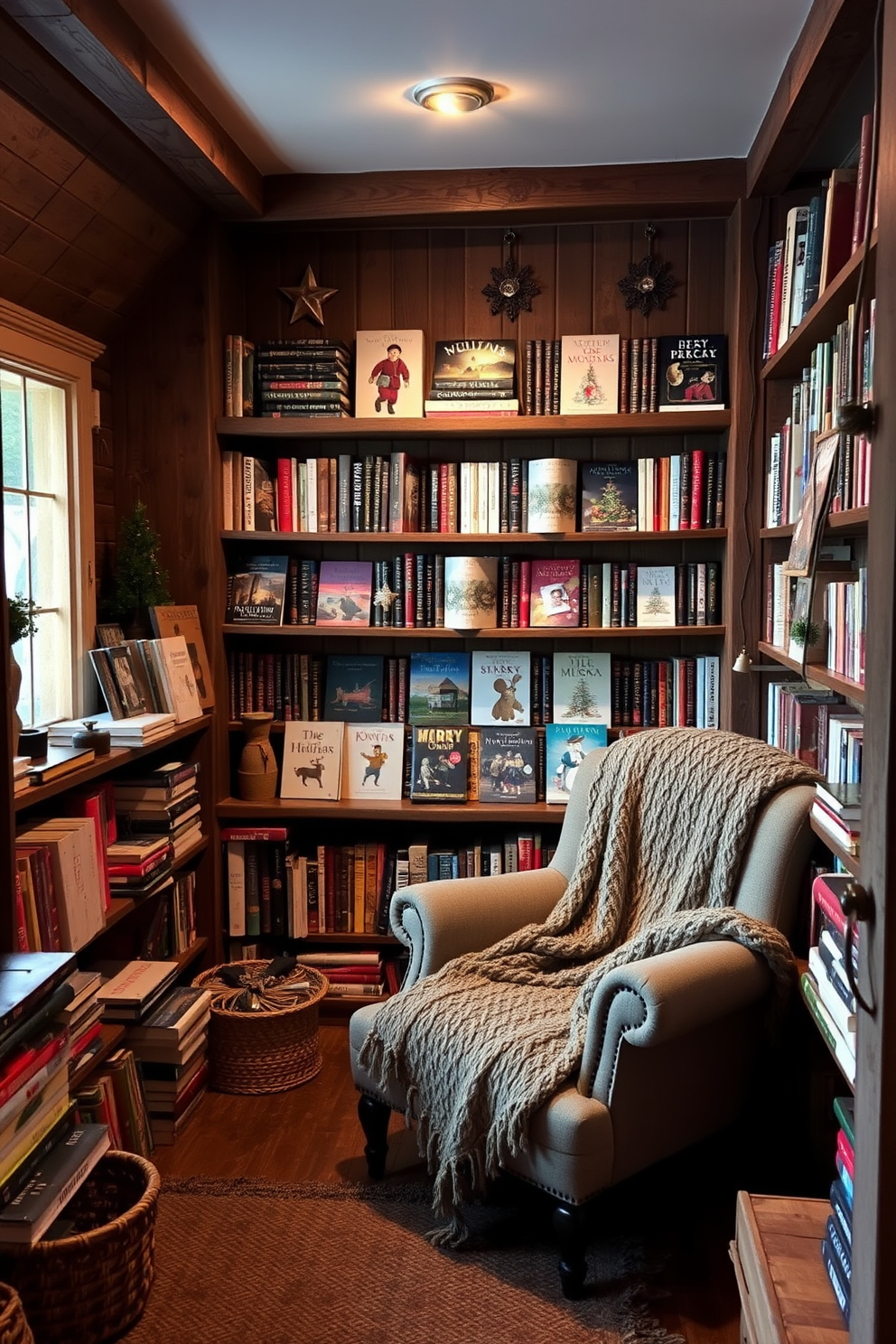 A cozy winter attic filled with seasonal books displayed on rustic wooden shelves. Soft, warm lighting creates an inviting atmosphere, while a plush armchair sits nearby, adorned with a knitted throw blanket.