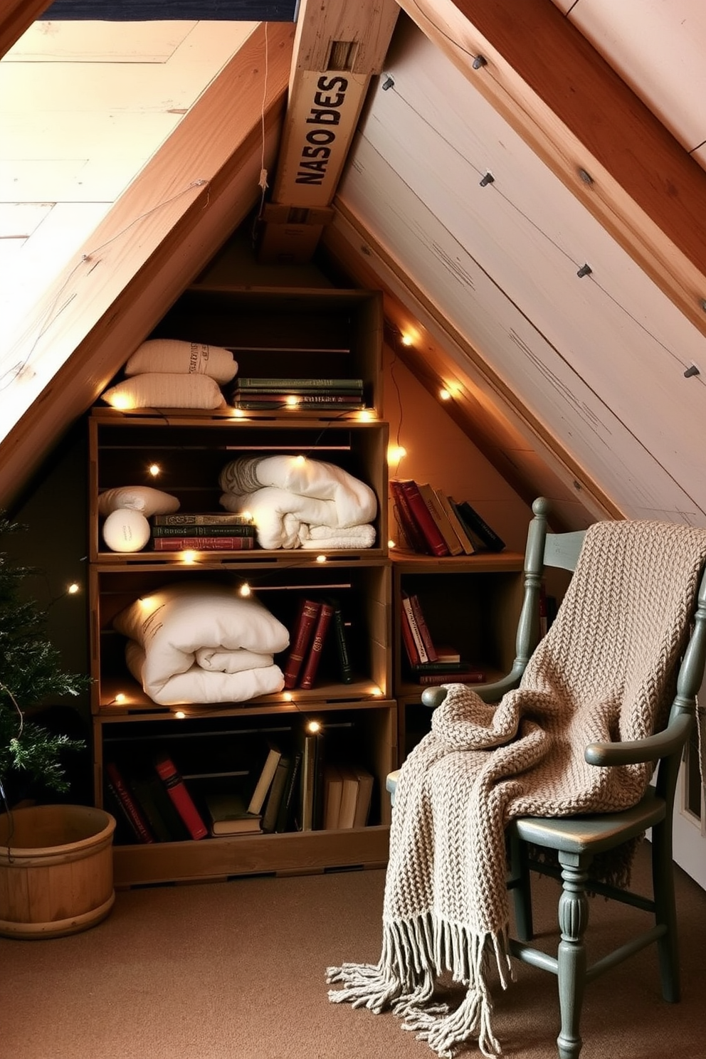 Wooden crates are stacked in a cozy winter attic, providing rustic storage solutions. Soft blankets and vintage books are nestled inside, while fairy lights drape around the crates, creating a warm and inviting atmosphere. The attic features wooden beams and a sloped ceiling, enhancing its charm. A small, weathered chair sits nearby, adorned with a knitted throw, inviting relaxation in this serene winter retreat.