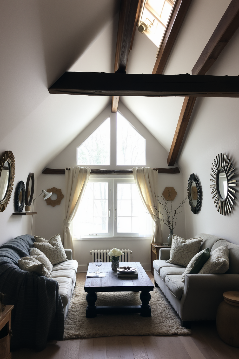 A cozy winter attic space adorned with decorative mirrors that enhance the natural light. The walls are painted in a soft white, and the wooden beams are exposed, creating a warm and inviting atmosphere. Plush seating is arranged around a rustic coffee table, with layered blankets and cushions adding comfort. The windows are draped with sheer curtains that flutter gently in the breeze, allowing the winter sunlight to filter through.