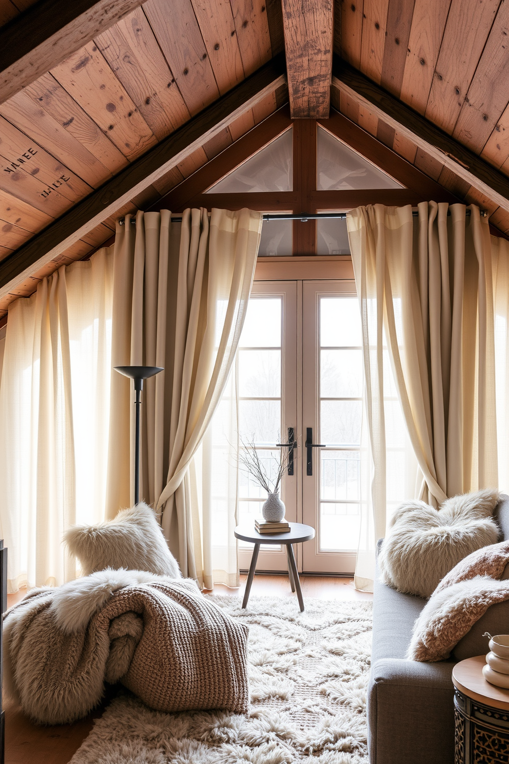 Create a cozy winter attic space featuring layered curtains for insulation. The curtains should be a combination of thick, warm fabrics in neutral tones and sheer materials that allow soft light to filter through. Include rustic wooden beams on the ceiling and a plush area rug on the floor. Add comfortable seating with oversized cushions and a small side table for warmth and relaxation.