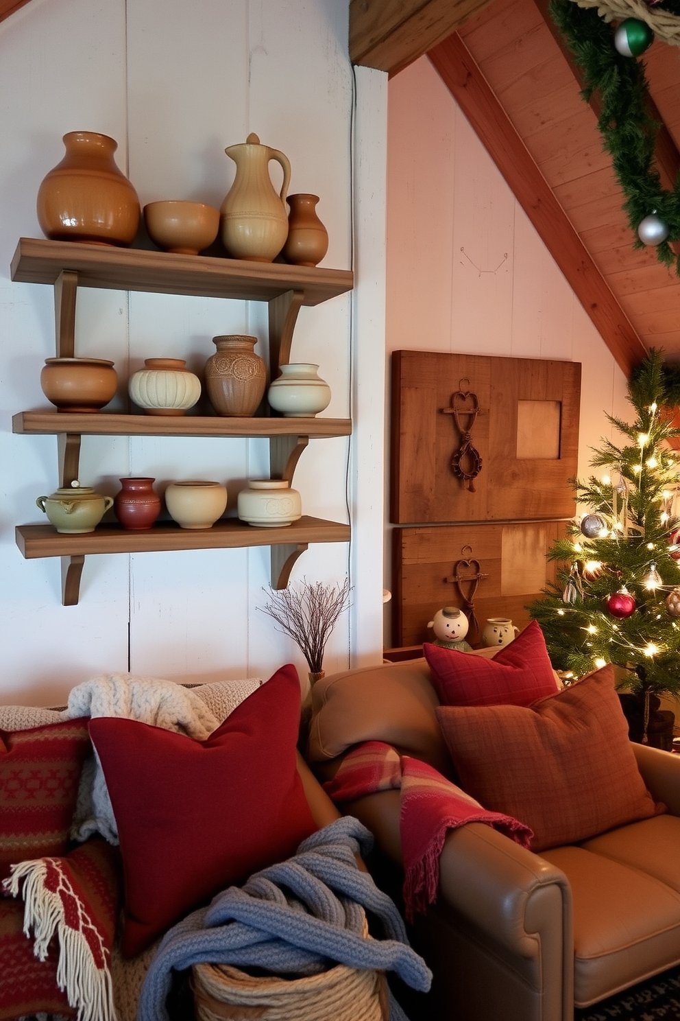 A cozy winter attic retreat featuring handcrafted wooden furniture that showcases artisan craftsmanship. Soft, warm lighting illuminates the space, highlighting the unique textures of woven blankets and handmade ceramic decor. A charming display of seasonal decorations with a focus on natural materials like pinecones and dried flowers. The walls are adorned with rustic wooden shelves that hold an assortment of handmade crafts, creating a welcoming and personalized atmosphere.