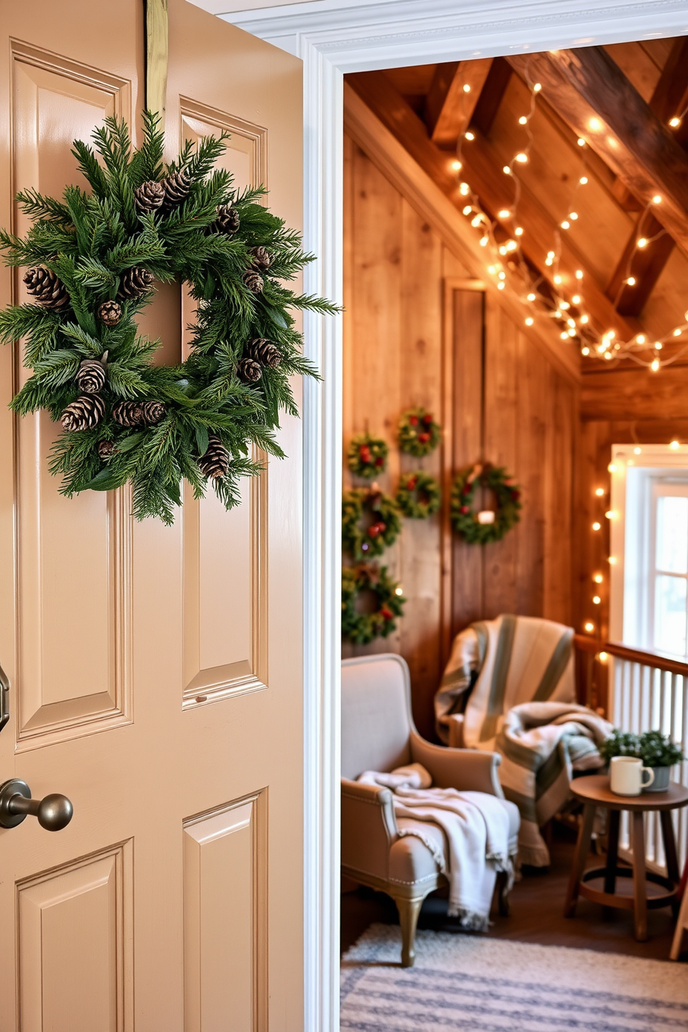 A cozy entryway adorned with a seasonal wreath made of evergreen branches and pinecones hangs on the front door. Inside, a rustic wall features a collection of smaller wreaths representing each season, bringing warmth and charm to the space. The attic is transformed into a winter retreat, with soft blankets draped over a vintage armchair and a small wooden table holding a steaming mug. Twinkling fairy lights are strung along the beams, creating a magical atmosphere perfect for cozy evenings.