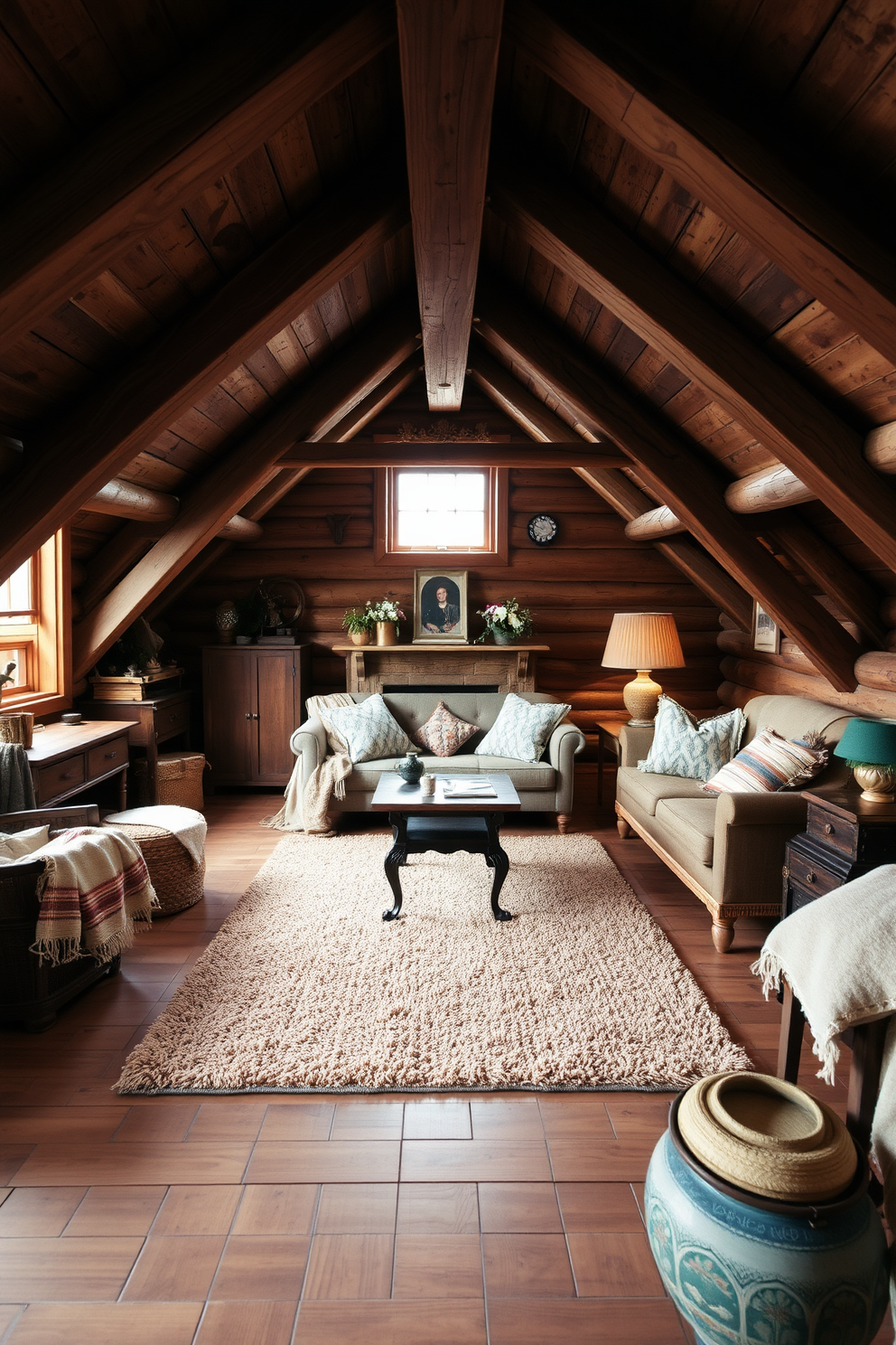 A cozy winter attic decorated with rustic wood accents creates a warm and inviting atmosphere. Exposed wooden beams stretch across the ceiling, complemented by a wooden floor that adds character to the space. A plush area rug in earthy tones sits in the center, surrounded by vintage furniture pieces that enhance the rustic charm. Soft blankets and throw pillows in natural fabrics are arranged on a comfortable seating area, inviting relaxation.