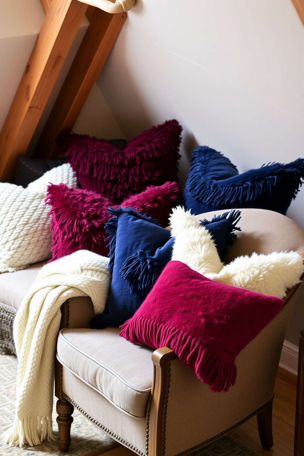 A cozy winter attic retreat featuring plush throw pillows in deep navy, rich burgundy, and soft cream. The space is adorned with warm wood beams and a soft woolen throw draped over a vintage armchair, creating an inviting atmosphere.