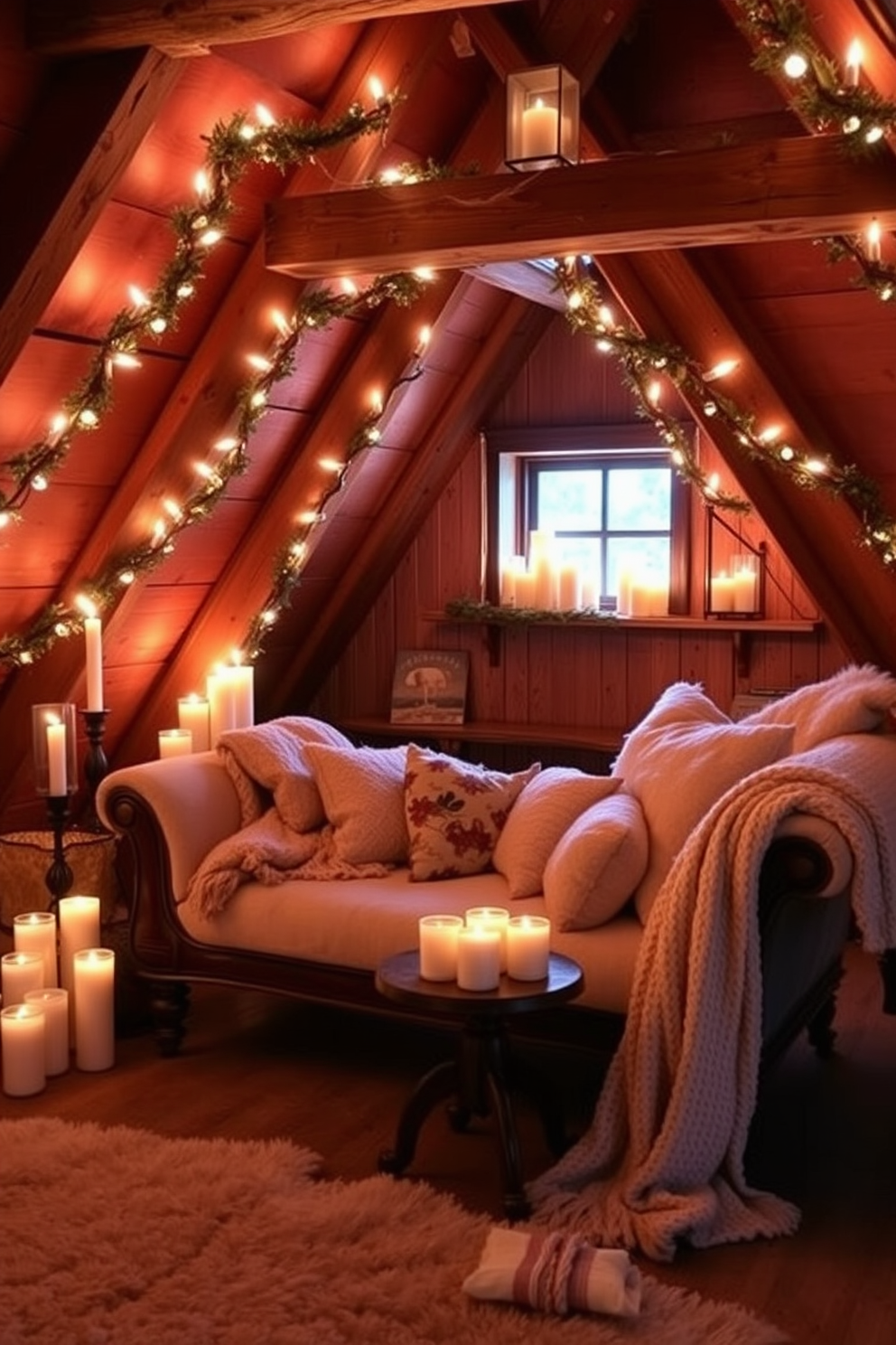 A cozy winter attic space adorned with candles in various heights and sizes creates a warm and inviting atmosphere. The flickering candlelight reflects off the wooden beams, enhancing the rustic charm of the attic. Soft blankets and plush pillows are scattered across a vintage chaise lounge, inviting relaxation. A small wooden table holds an arrangement of candles, adding to the serene ambiance of the winter retreat.