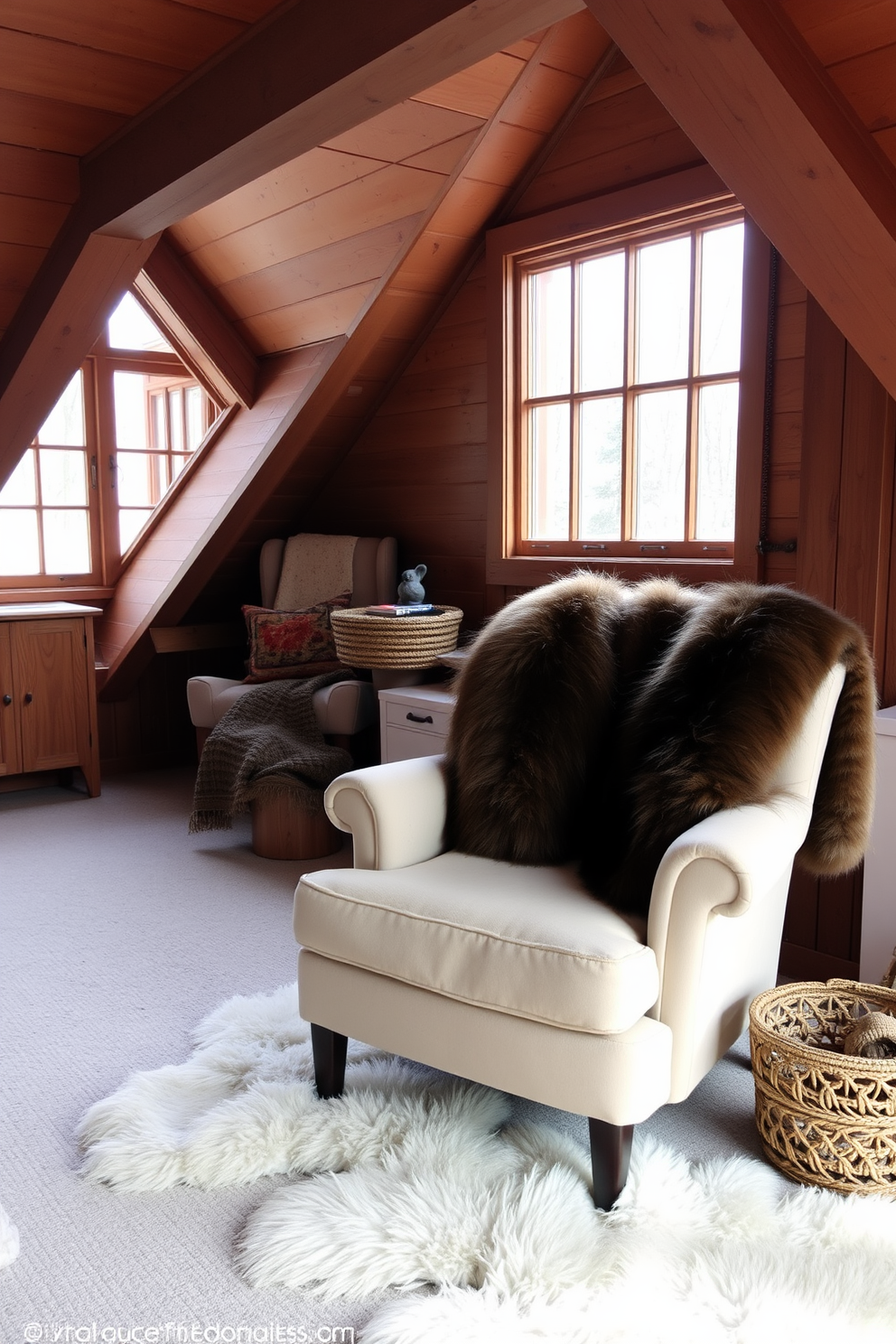 A cozy winter attic retreat featuring faux fur throws draped over a plush armchair. The walls are lined with wooden beams, and large windows allow natural light to flood the space, creating a warm and inviting atmosphere.