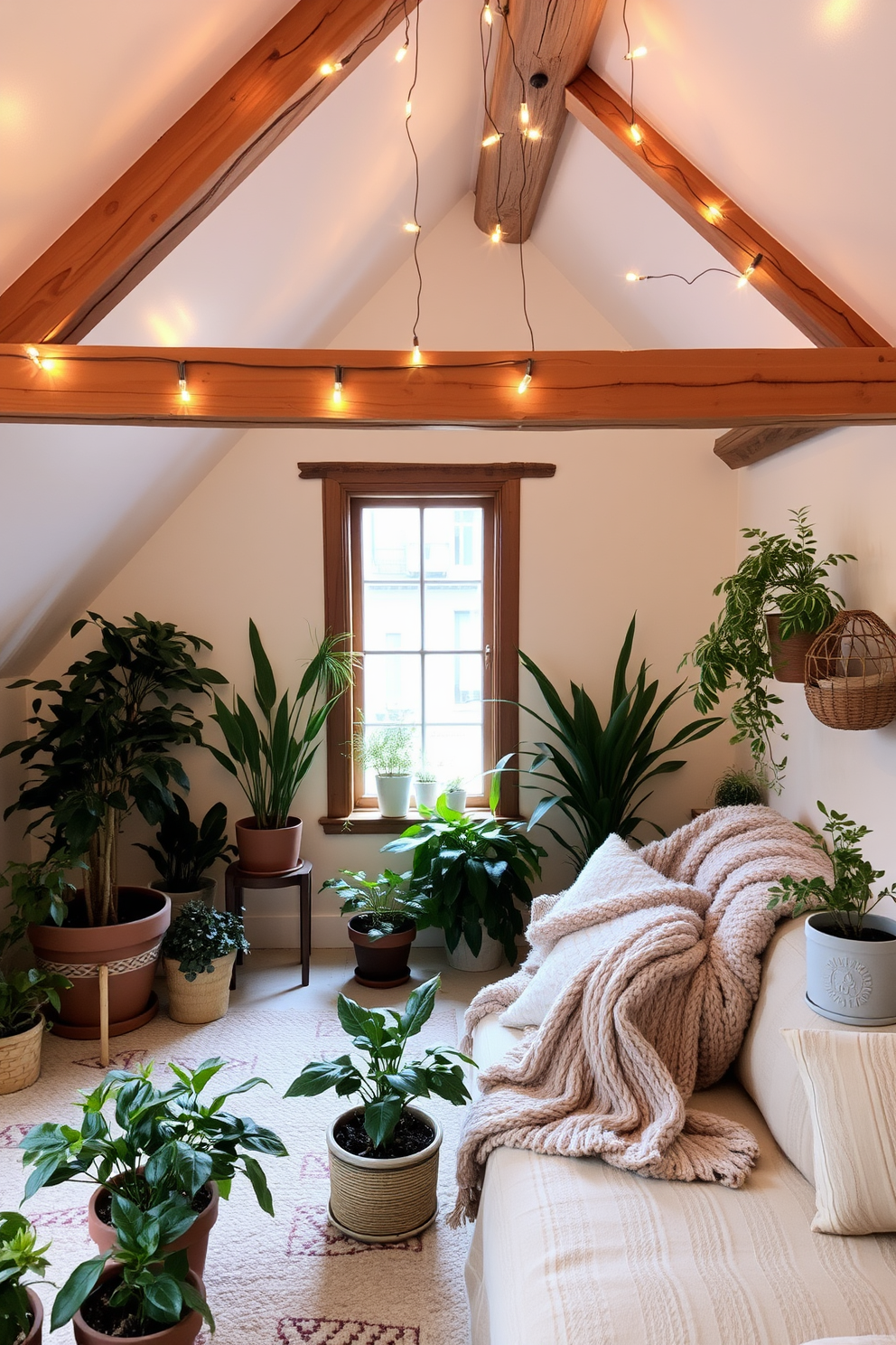 A cozy winter attic retreat filled with natural greenery. Soft white walls complement the rustic wooden beams, while potted plants add life and freshness to the space. A plush seating area with a warm throw invites relaxation. Twinkling fairy lights drape across the ceiling, creating a magical atmosphere perfect for chilly nights.