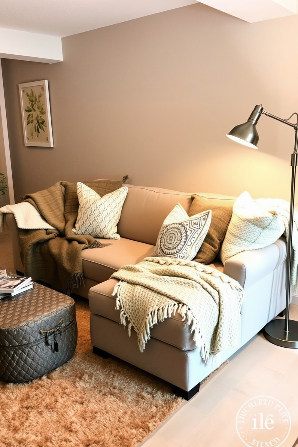 Cozy up with layered blankets and pillows in a warm and inviting basement space. The walls are painted in a soft taupe, and a plush area rug anchors the seating area, creating a comfortable retreat for winter gatherings.