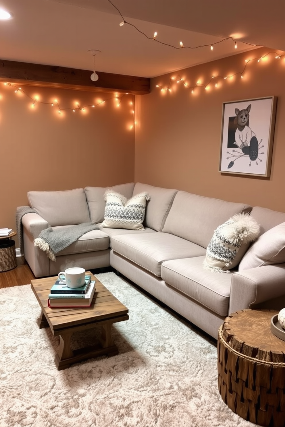 A cozy winter basement retreat featuring a plush sectional sofa adorned with soft, textured throw pillows. The walls are painted in a warm taupe, and a large area rug anchors the seating space, creating an inviting atmosphere. In one corner, a rustic wooden coffee table holds a stack of books and a steaming mug of hot cocoa. Twinkling fairy lights drape along the ceiling beams, adding a touch of charm and warmth to the space.