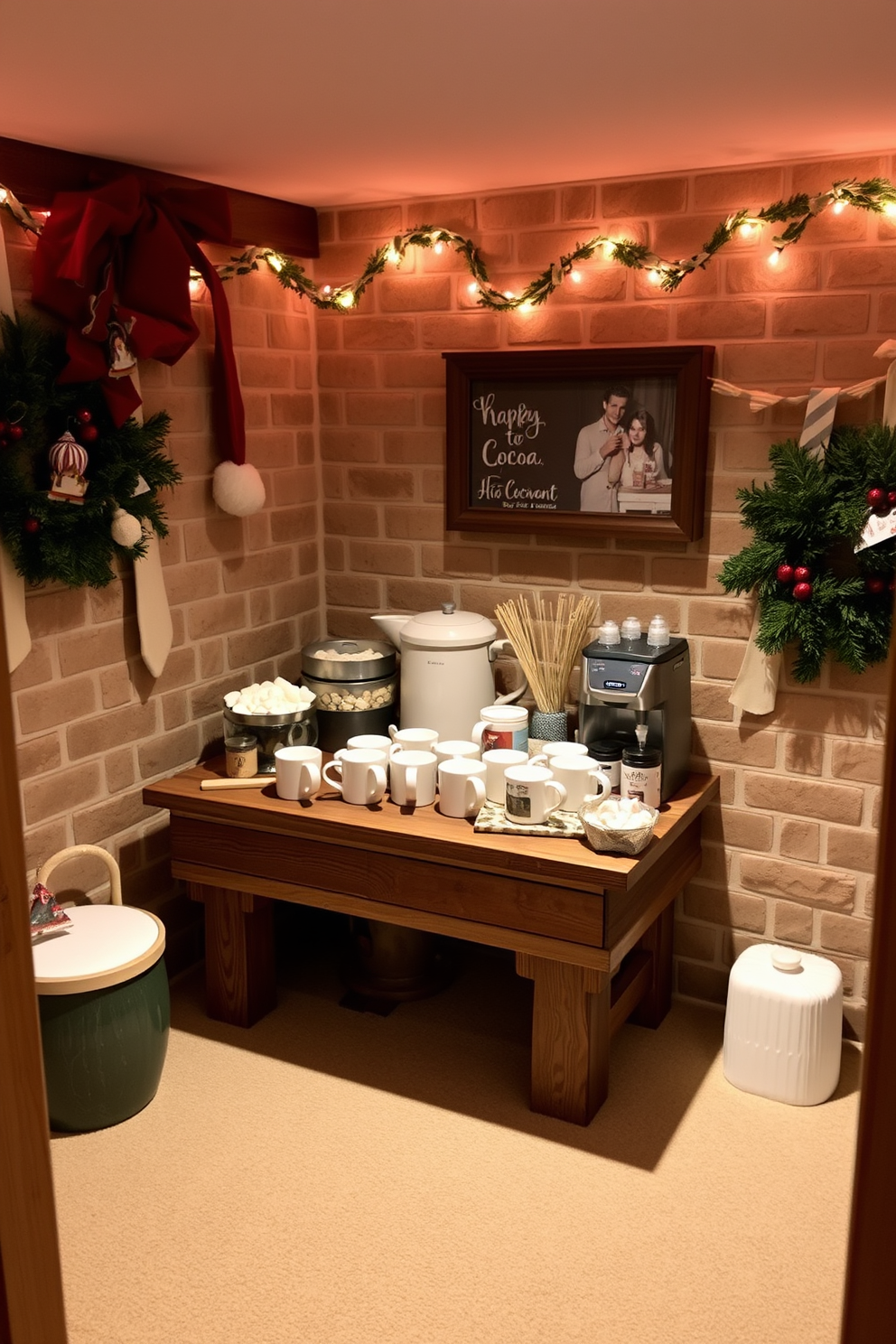 A cozy hot cocoa station nestled in the corner of a winter-themed basement. The station features a rustic wooden table topped with an assortment of mugs, marshmallows, and cocoa toppings, surrounded by soft, warm lighting and festive decorations.