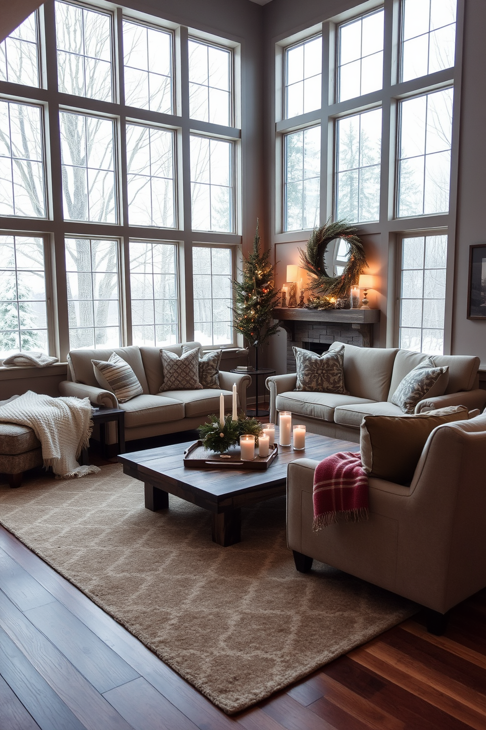 A cozy winter basement retreat. The space features a plush sectional sofa adorned with soft throw blankets and pillows in rich, warm tones. Seasonal greenery, such as evergreen branches and pinecones, are artfully arranged in rustic baskets around the room. Twinkling fairy lights are draped across the ceiling beams, creating a warm and inviting atmosphere.