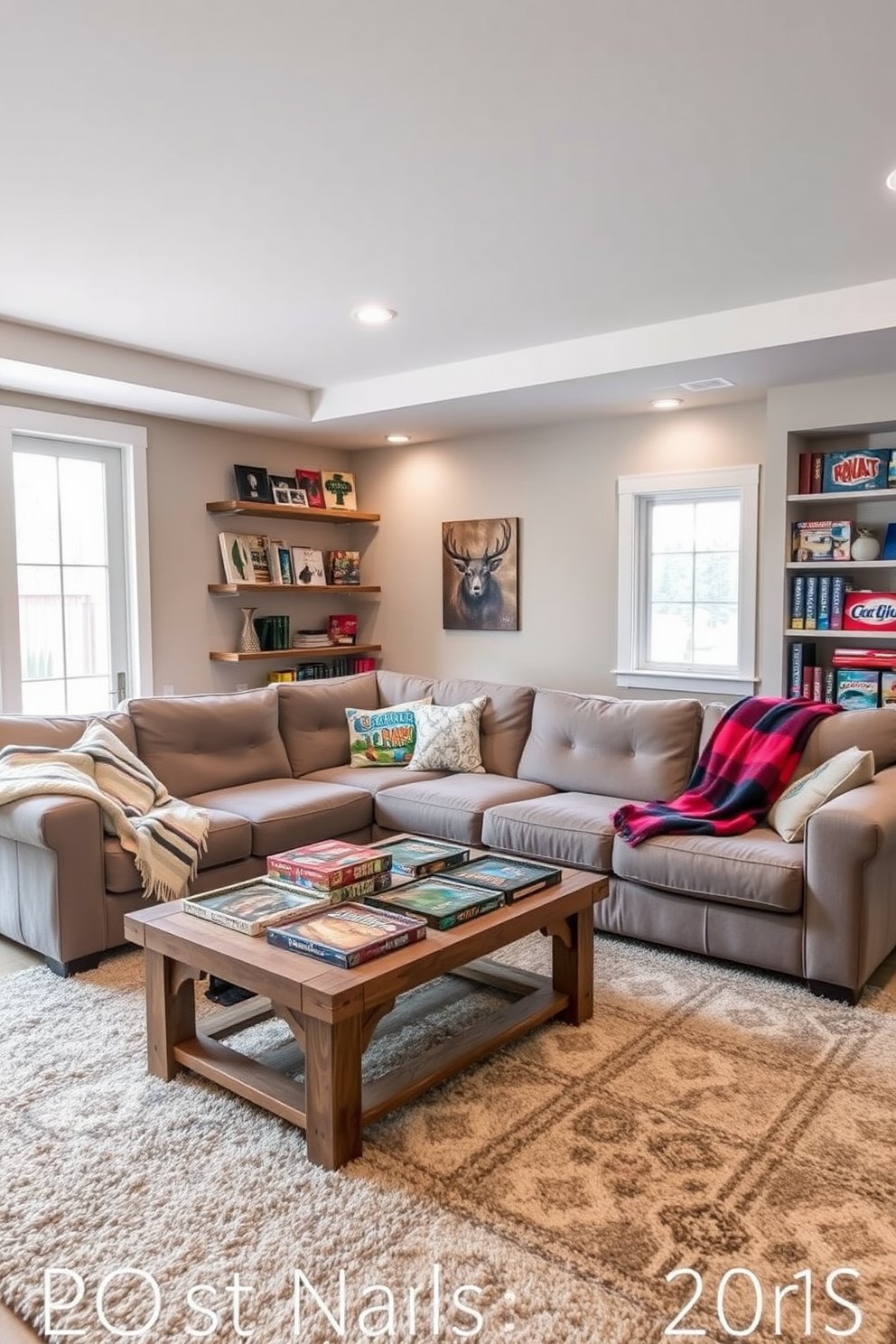 A cozy winter basement retreat designed for family gatherings. The space features a large sectional sofa adorned with plush throw pillows, positioned around a rustic wooden coffee table. Warm lighting emanates from stylish floor lamps, creating an inviting atmosphere. The walls are painted in a soft gray, complemented by a textured area rug that adds warmth underfoot.