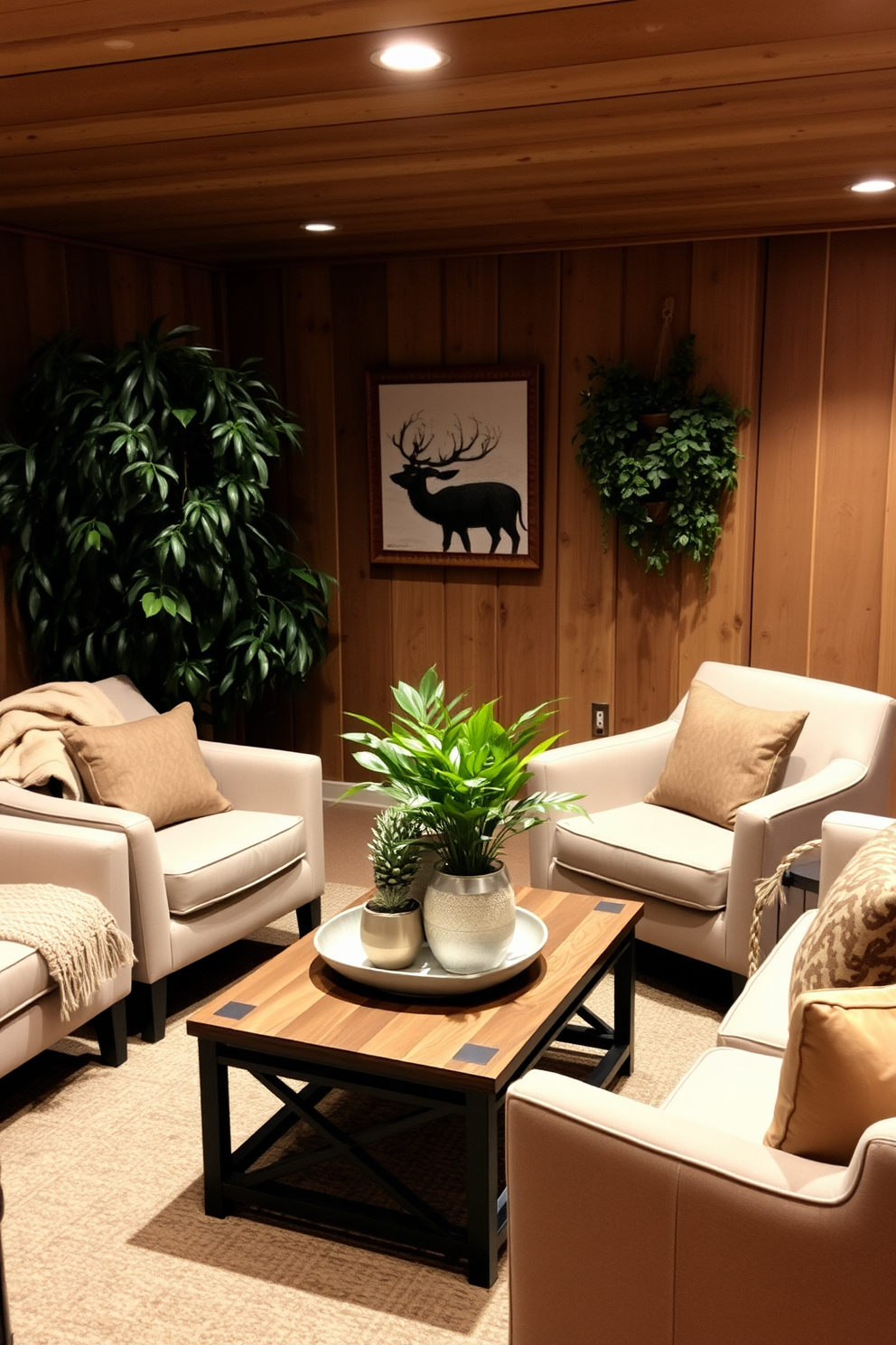 A cozy winter basement retreat. Soft ambient lighting illuminates a comfortable seating area with plush armchairs and a warm throw blanket, while a large indoor plant adds a touch of greenery to the space. The walls are adorned with rustic wood paneling, creating a warm and inviting atmosphere. A decorative coffee table sits in the center, surrounded by potted plants that enhance the fresh and vibrant feel of the basement.