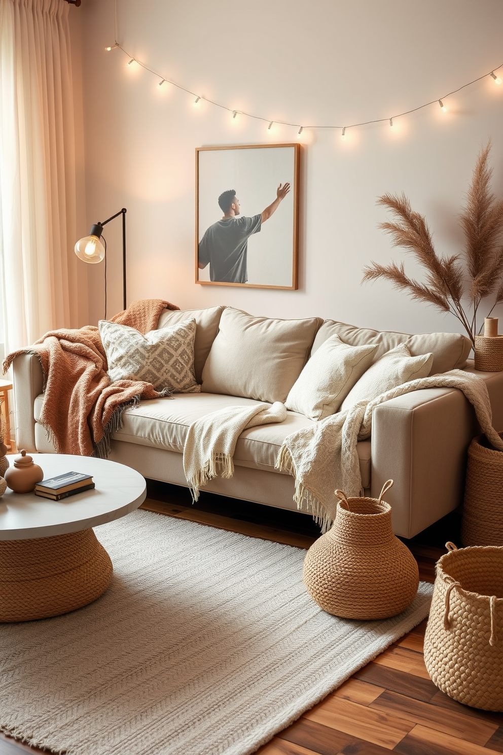 Choose warm throws for added coziness. Layer them on a plush sectional sofa in soft neutrals to create a welcoming atmosphere. Incorporate ambient lighting with stylish floor lamps and string lights to enhance the warmth. Use natural textures like wood and woven baskets to add depth and interest to the space.