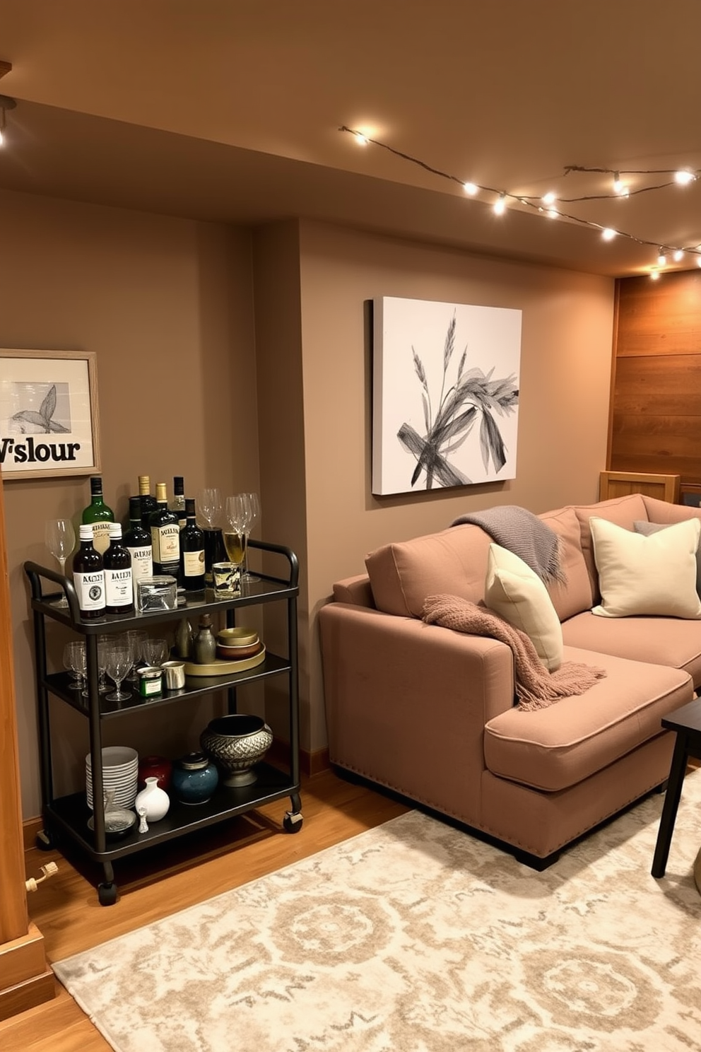 A cozy winter basement retreat featuring plush storage ottomans that provide hidden organization. The space is adorned with warm lighting and layered textiles to create an inviting atmosphere.