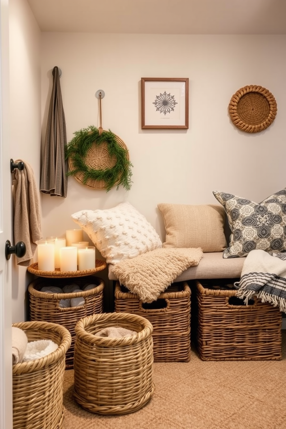 A cozy winter basement retreat featuring a plush sectional sofa adorned with soft throw pillows in warm tones. A chunky knit throw is draped over the armrest, inviting relaxation amidst the cool winter ambiance. The walls are painted in a rich, deep blue, complemented by warm wood accents throughout the space. A rustic coffee table sits in the center, surrounded by a mix of textured rugs that add warmth and comfort underfoot.